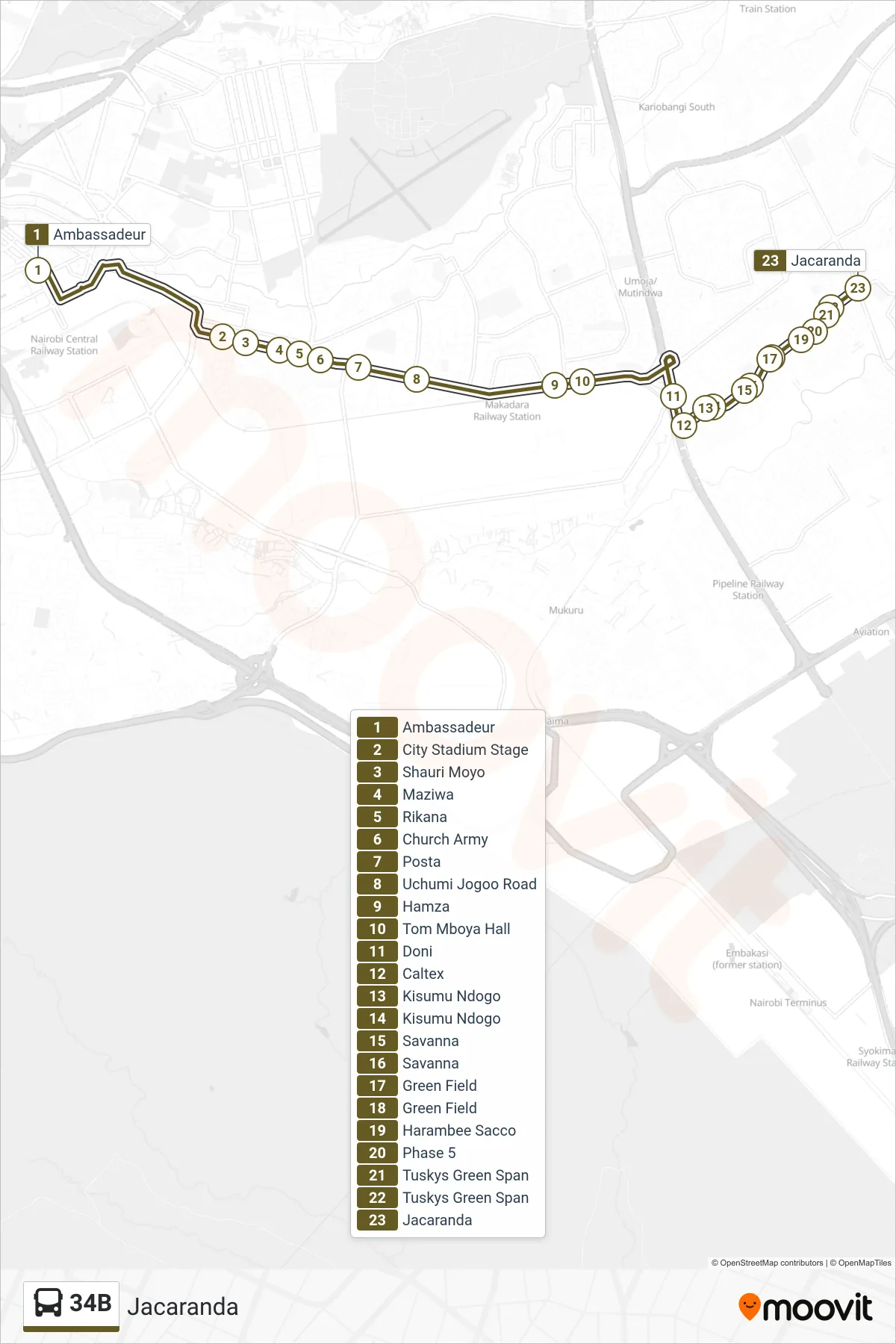 34B bus Line (Jacaranda) route and stops on a map
