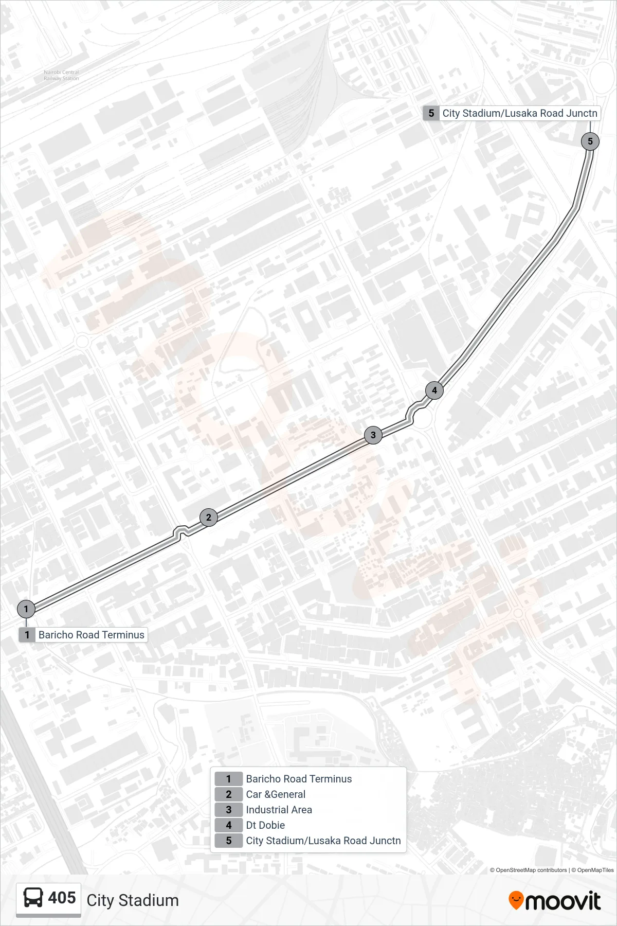 405 bus Line (City Stadium) route and stops on a map
