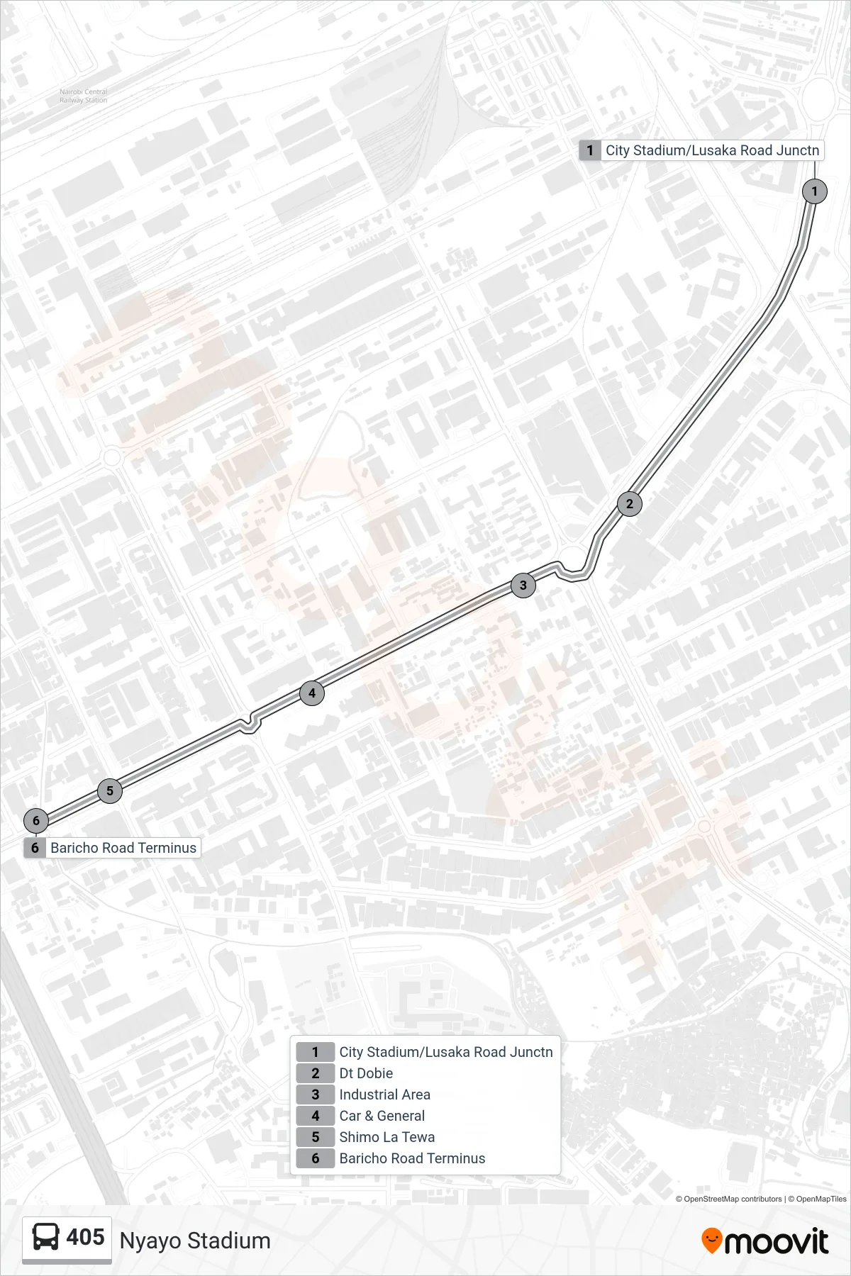405 bus Line (Nyayo Stadium) route and stops on a map