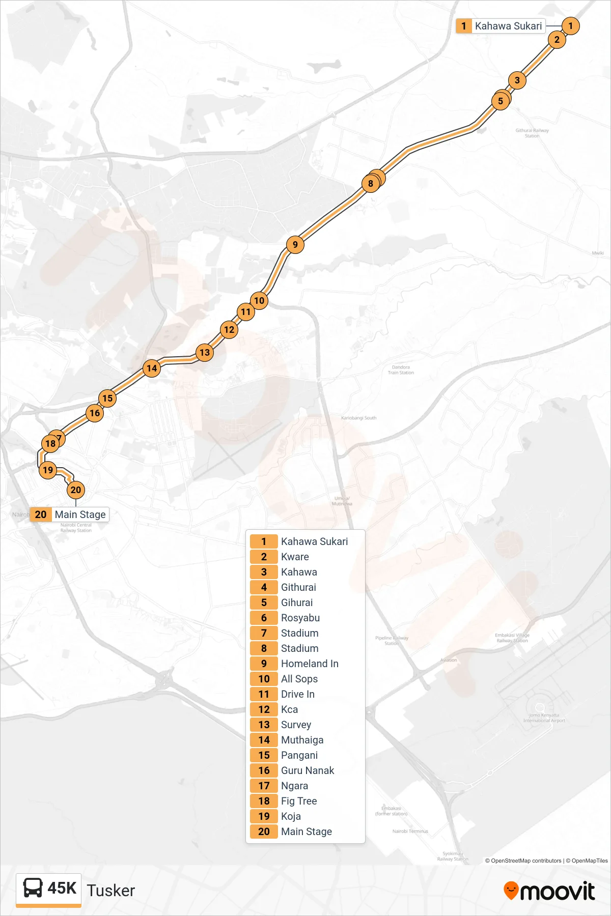 45K bus Line (Tusker) route and stops on a map