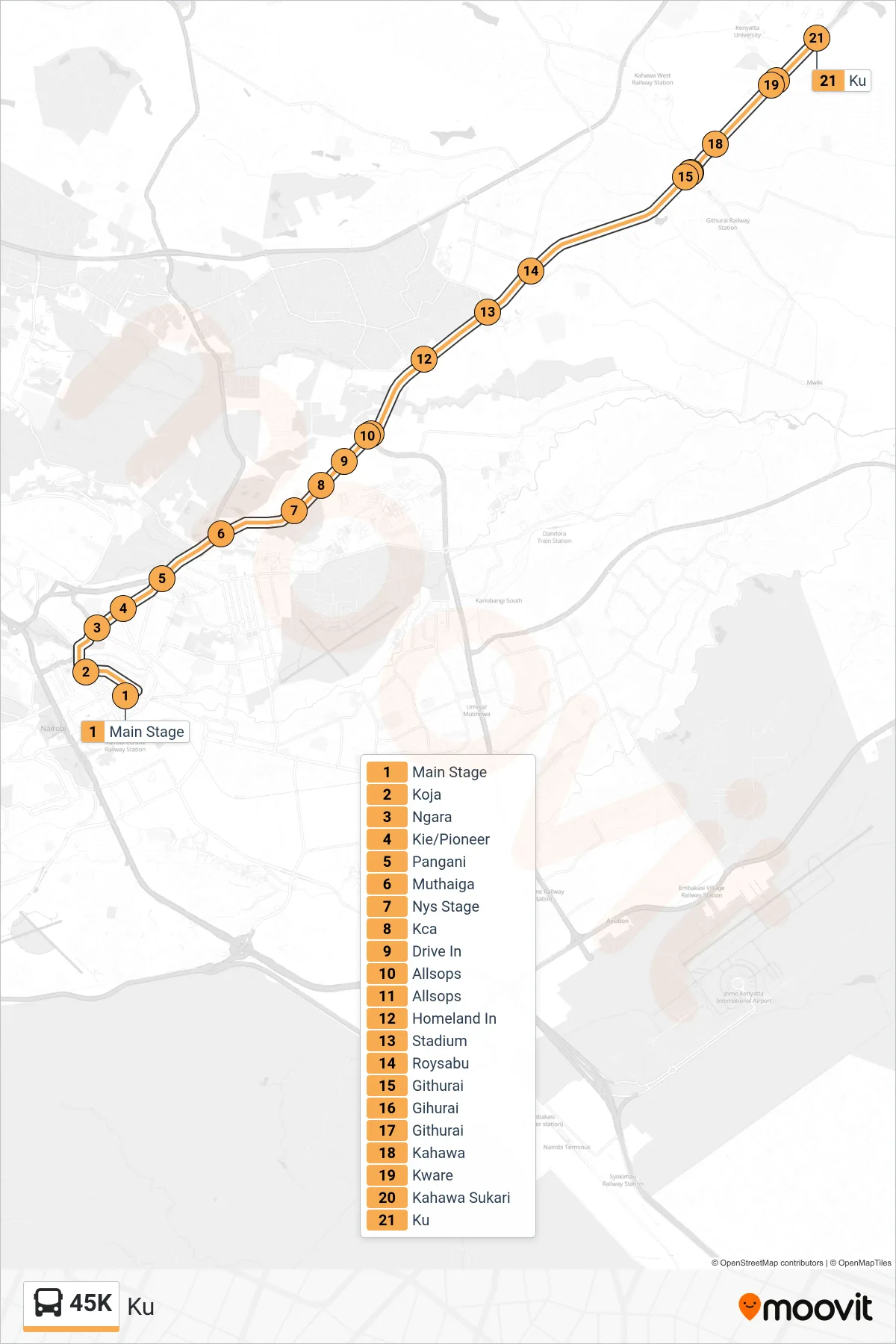 45K bus Line (Ku) route and stops on a map