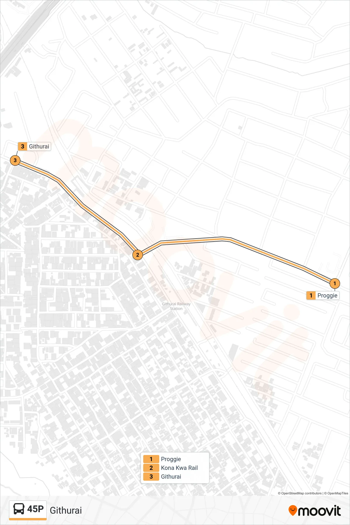 45P bus Line (Githurai) route and stops on a map