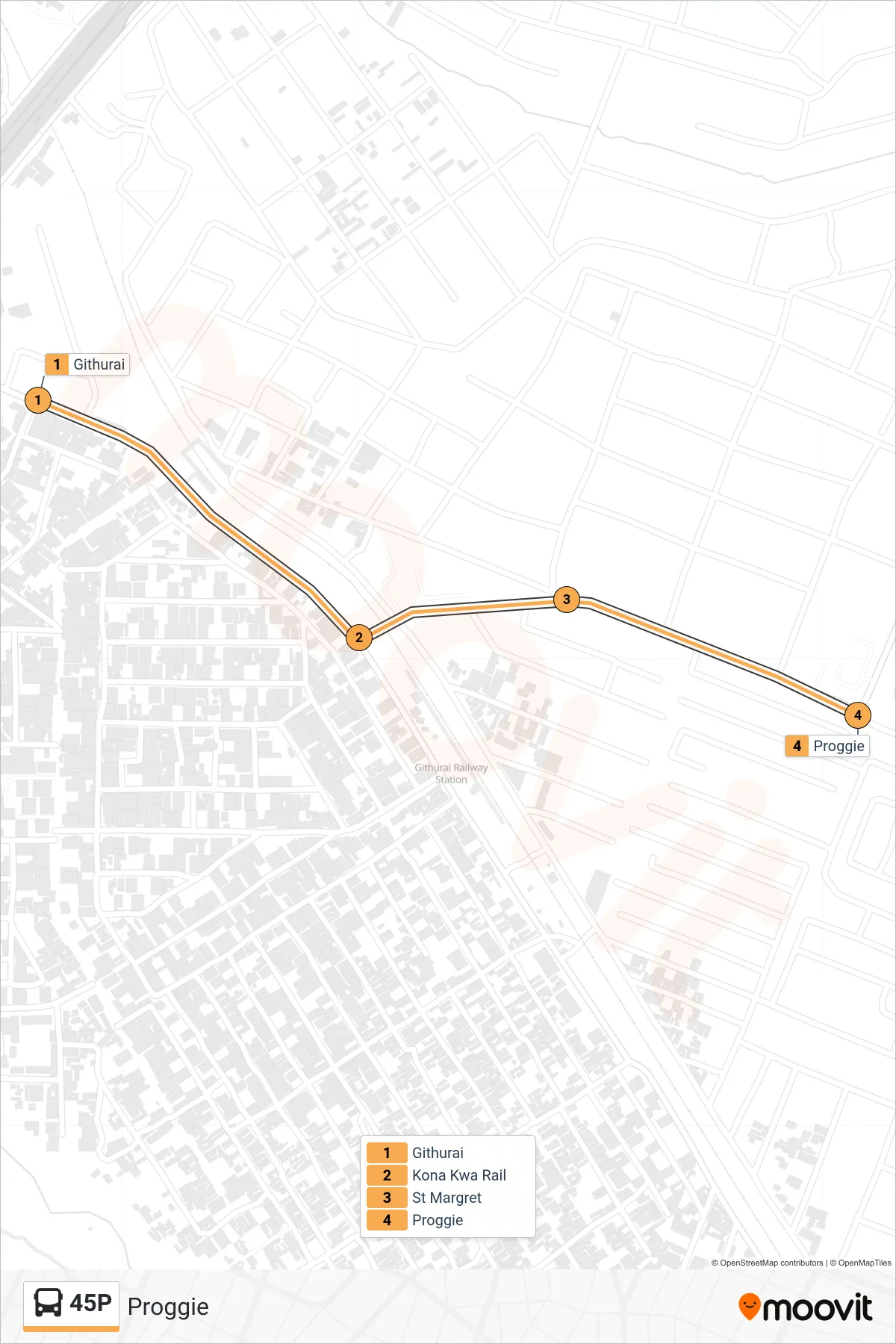 45P bus Line (Proggie) route and stops on a map