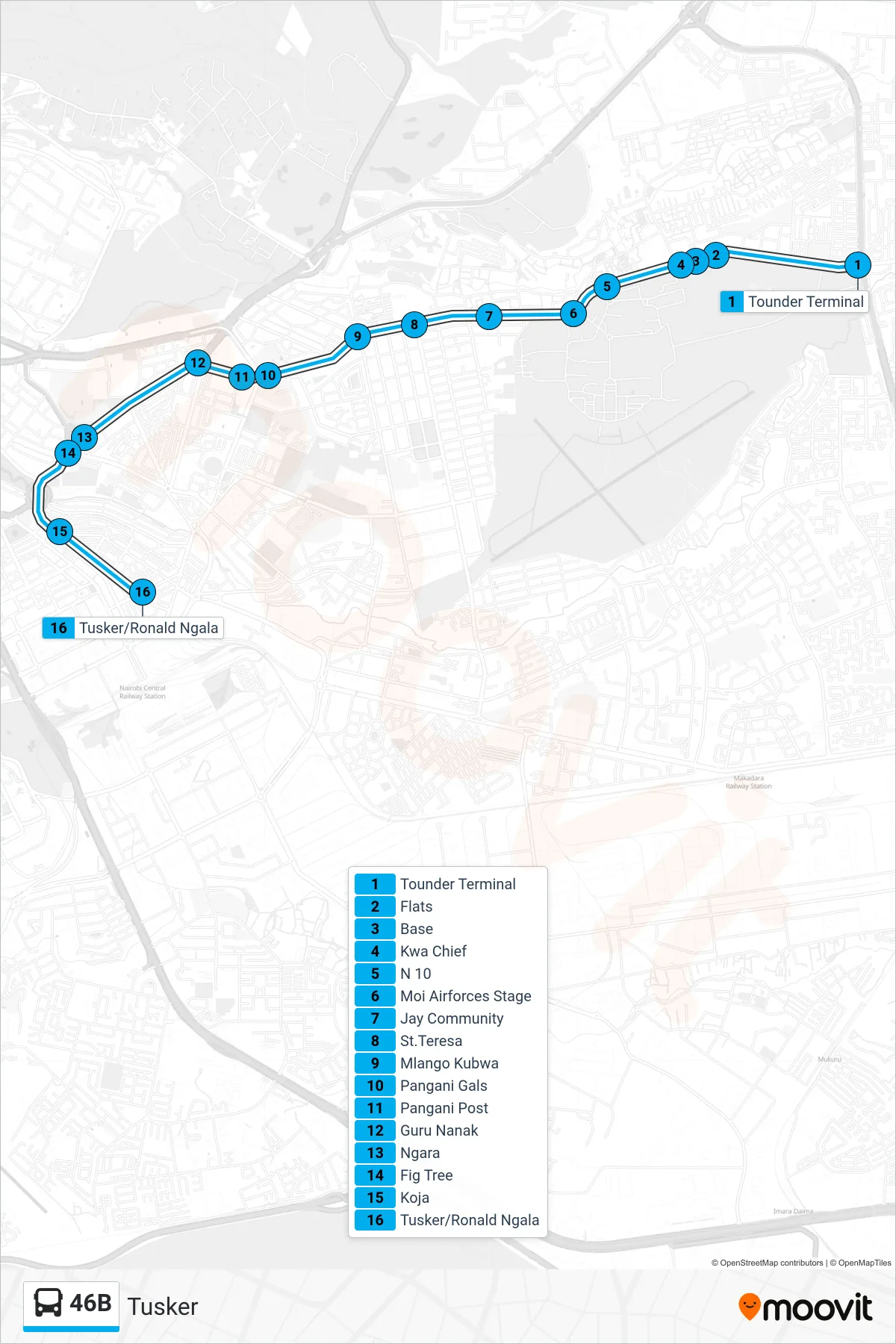 46B bus Line (Tusker) route and stops on a map