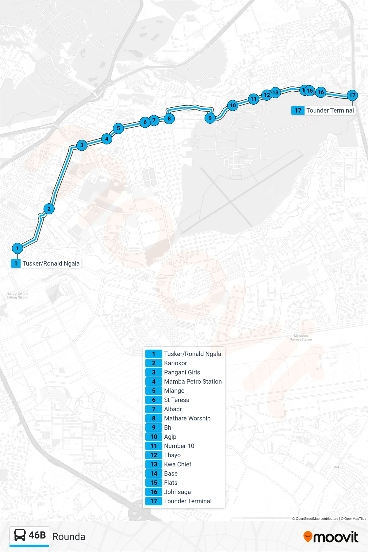 46B bus Line (Rounda) route and stops on a map