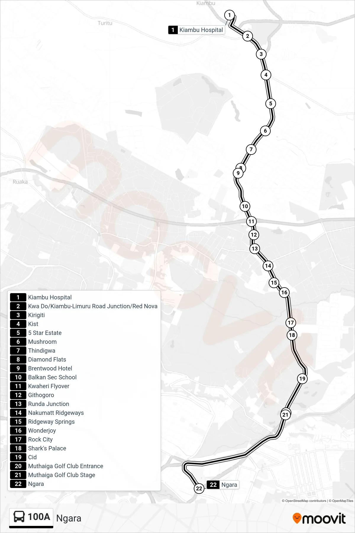 100A bus Line (Ngara) route and stops on a map