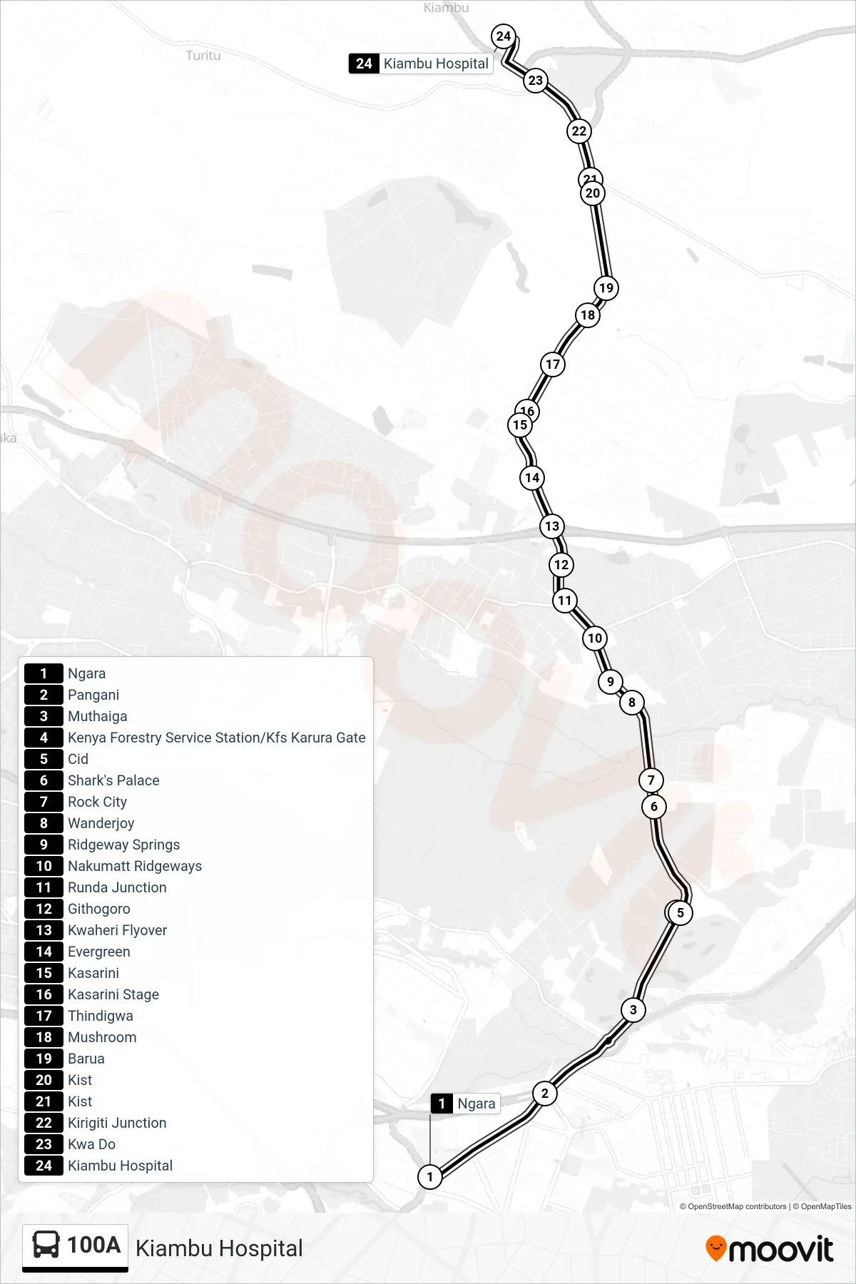 100A bus Line (Kiambu Hospital) route and stops on a map