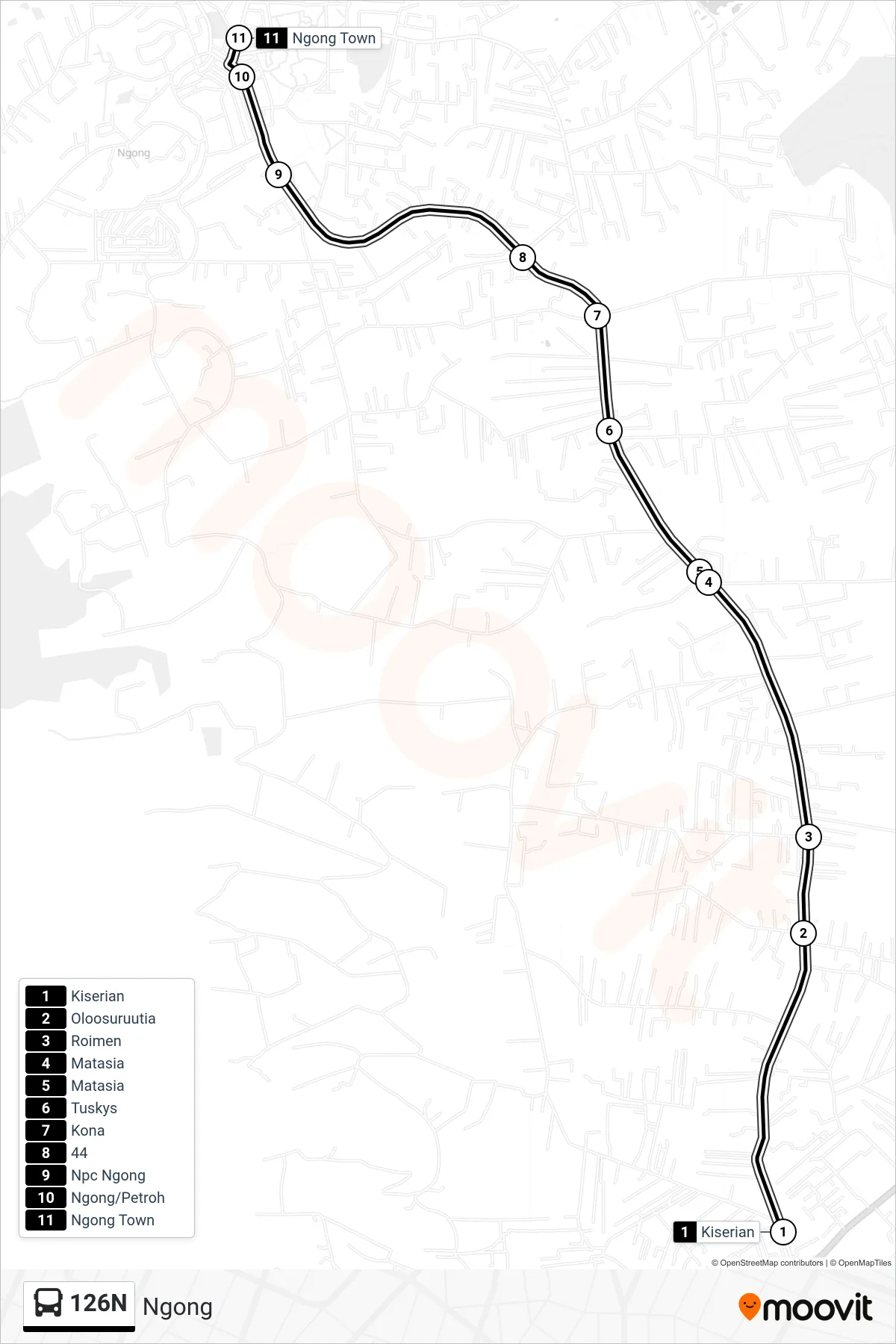 126N bus Line (Ngong) route and stops on a map