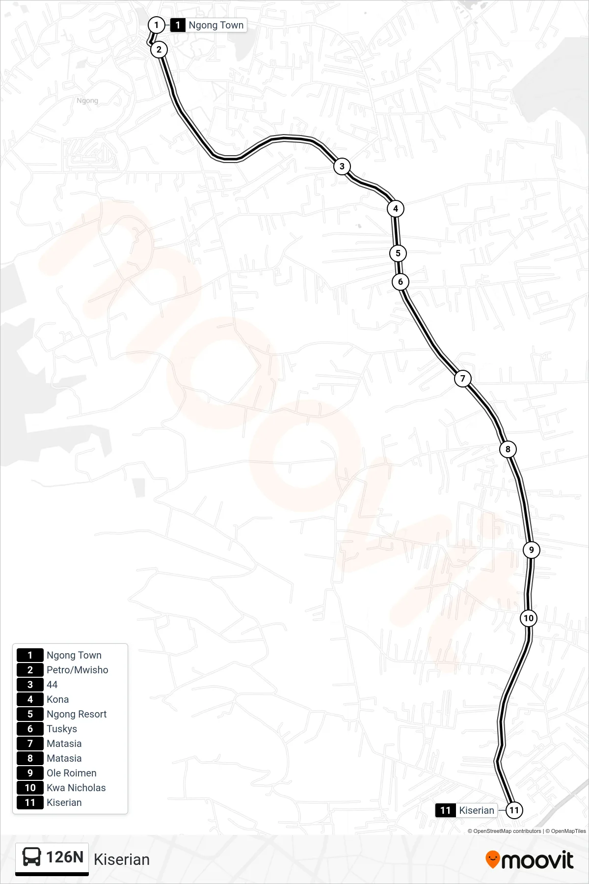 126N bus Line (Kiserian) route and stops on a map