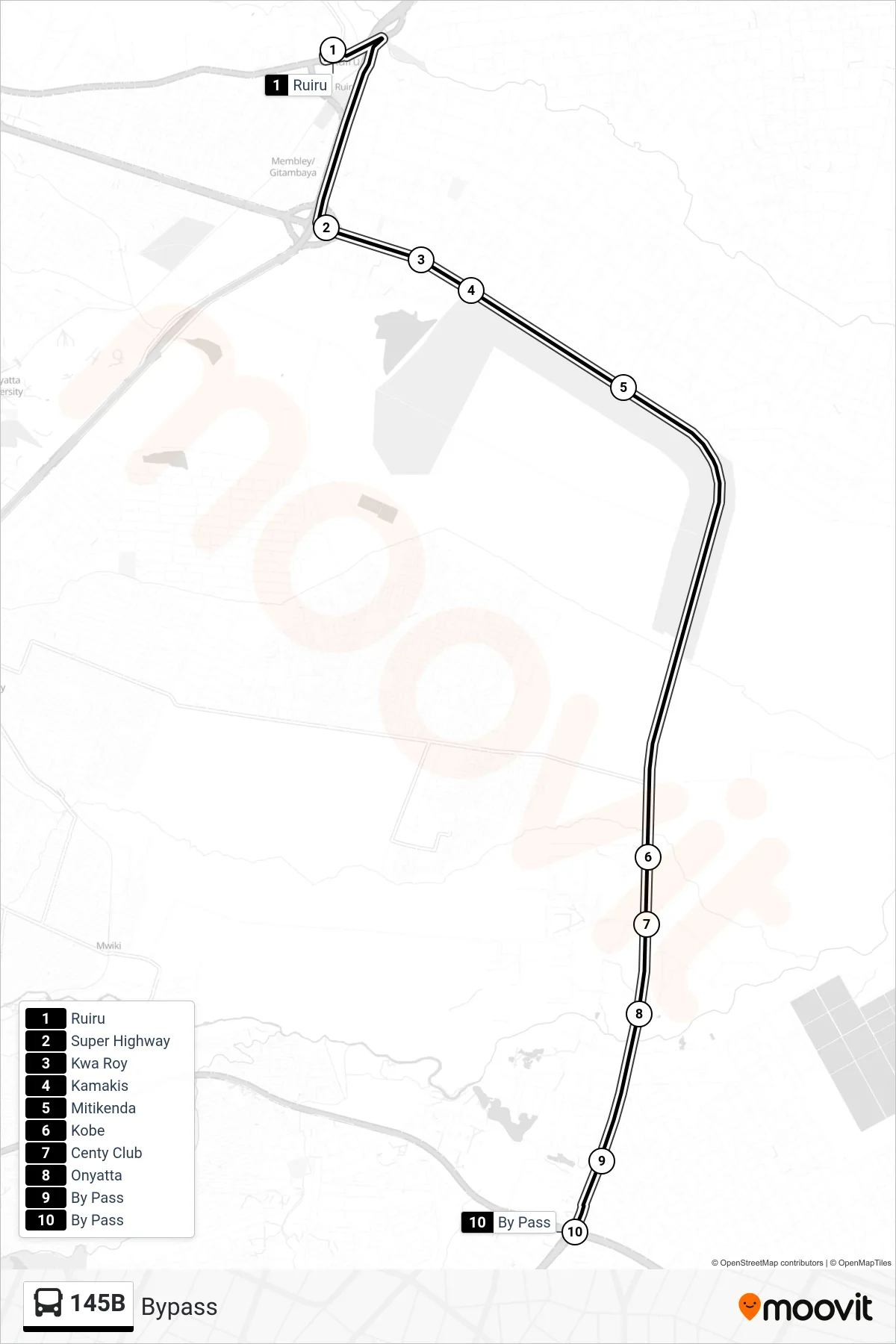 145B bus Line (Bypass) route and stops on a map