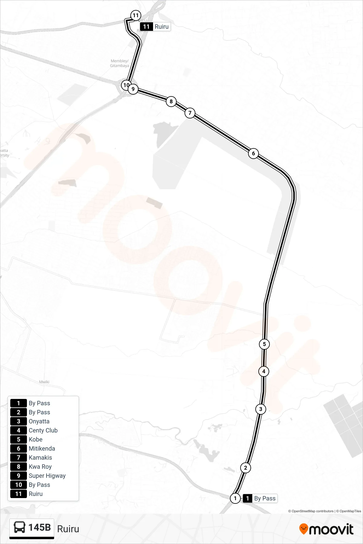 145B bus Line (Ruiru) route and stops on a map
