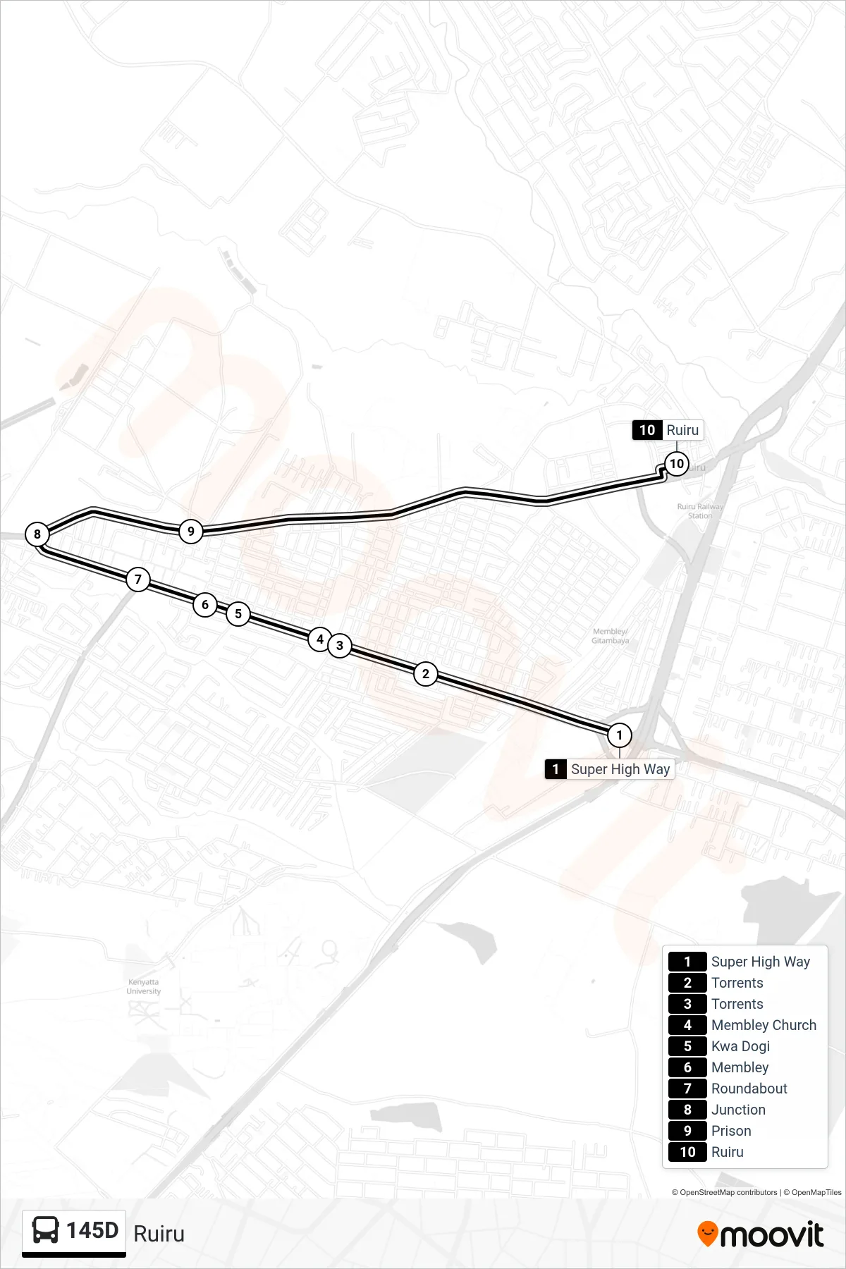 145D bus Line (Ruiru) route and stops on a map
