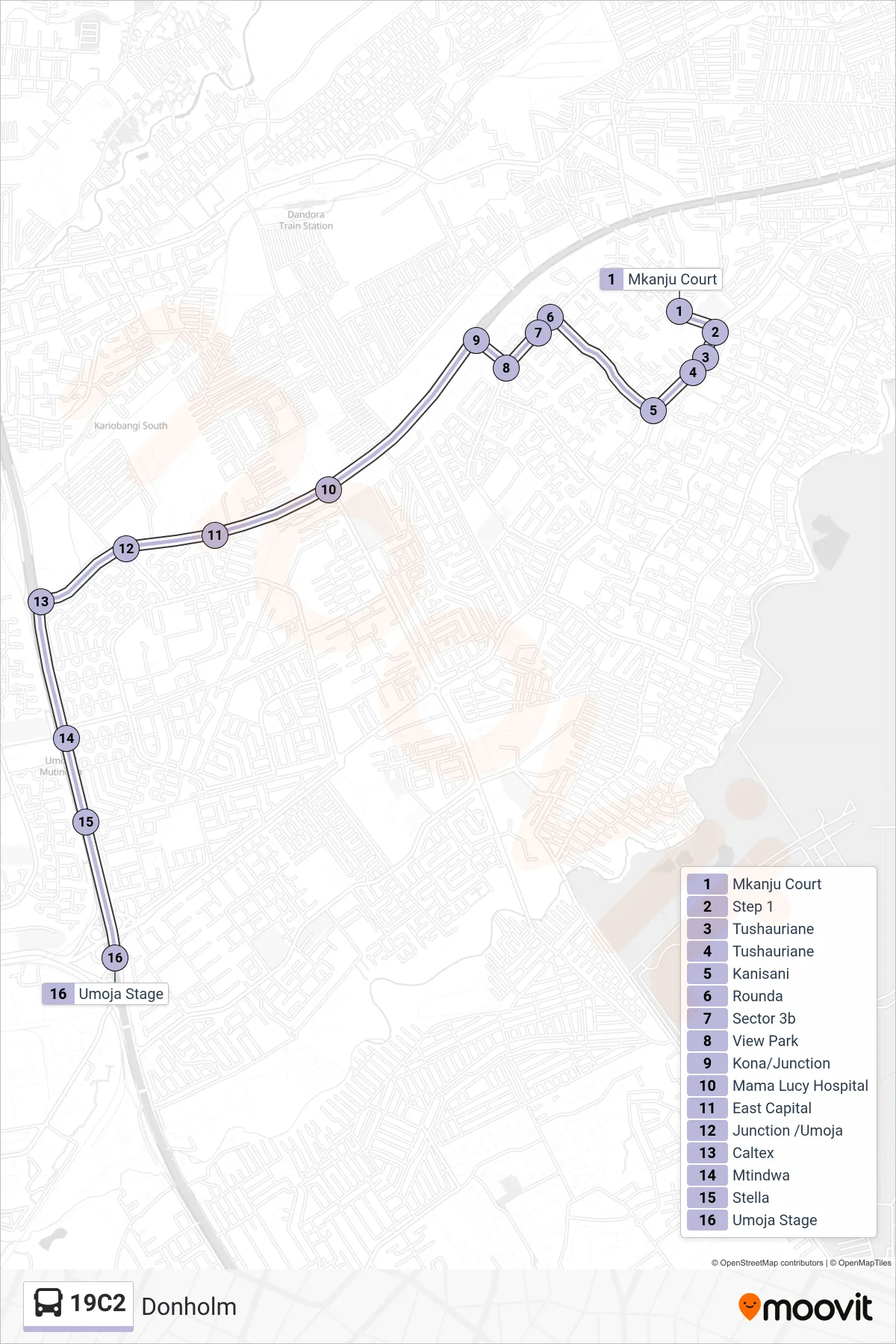 19C2 bus Line (Donholm) route and stops on a map