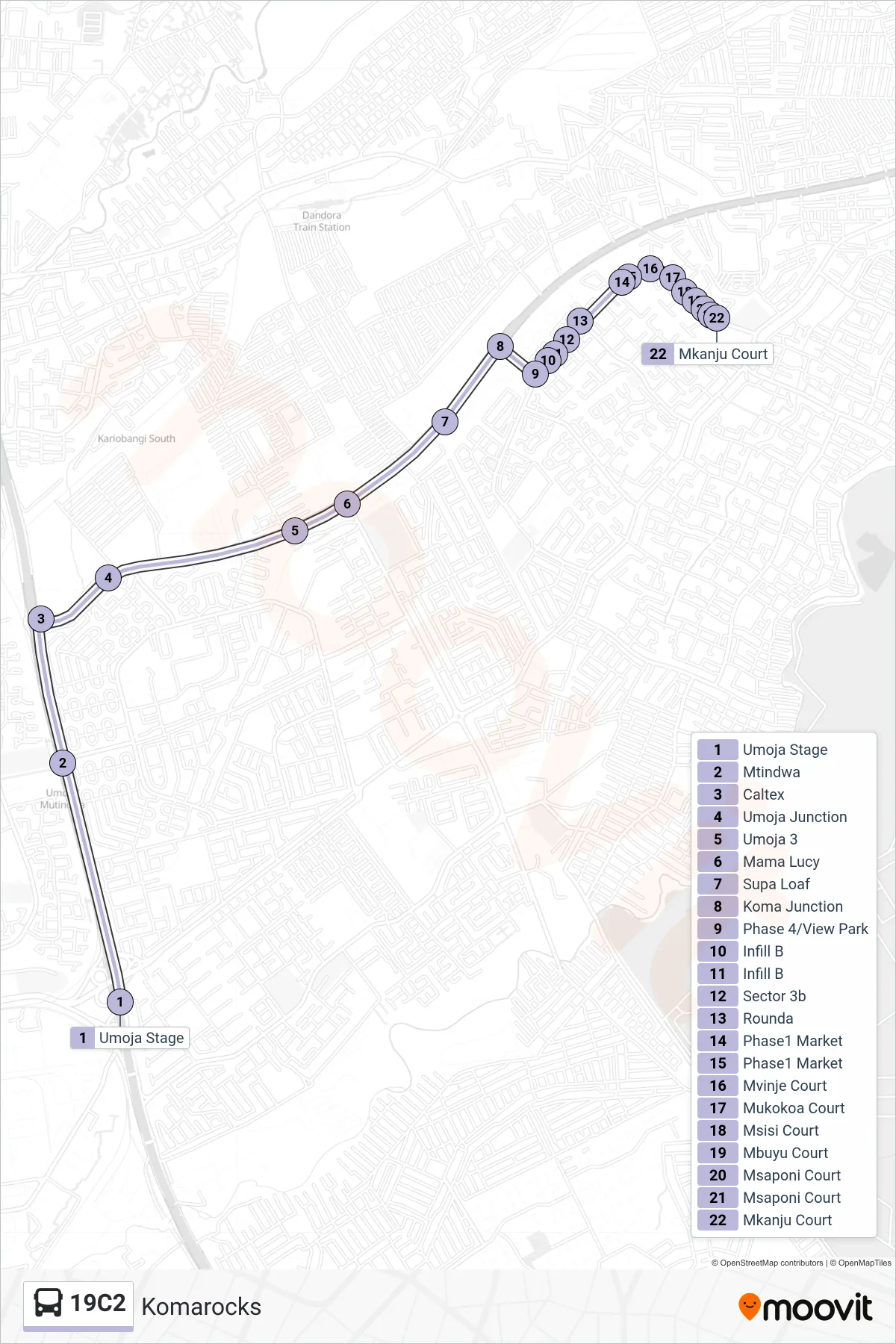 19C2 bus Line (Komarocks) route and stops on a map