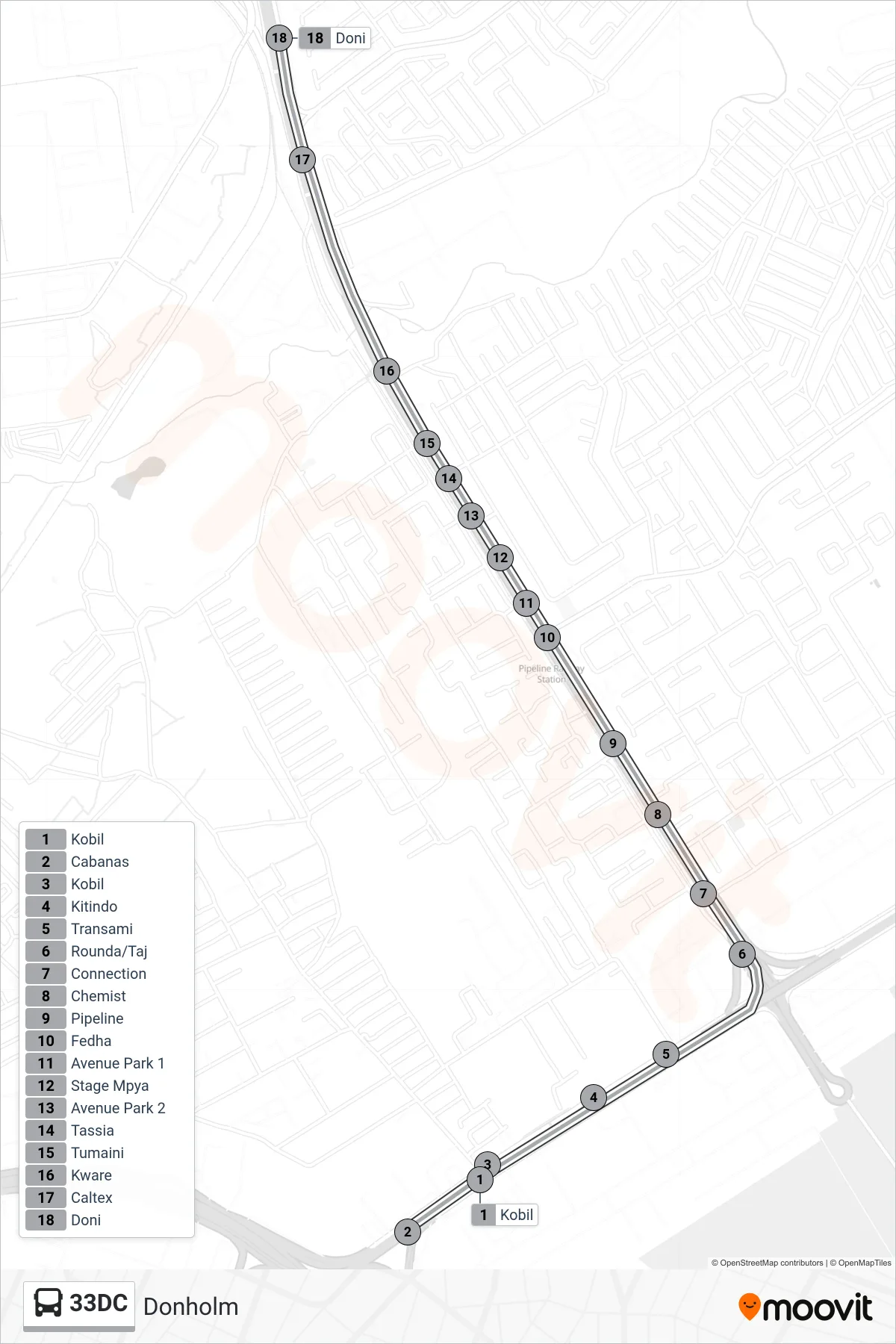 33DC bus Line (Donholm) route and stops on a map