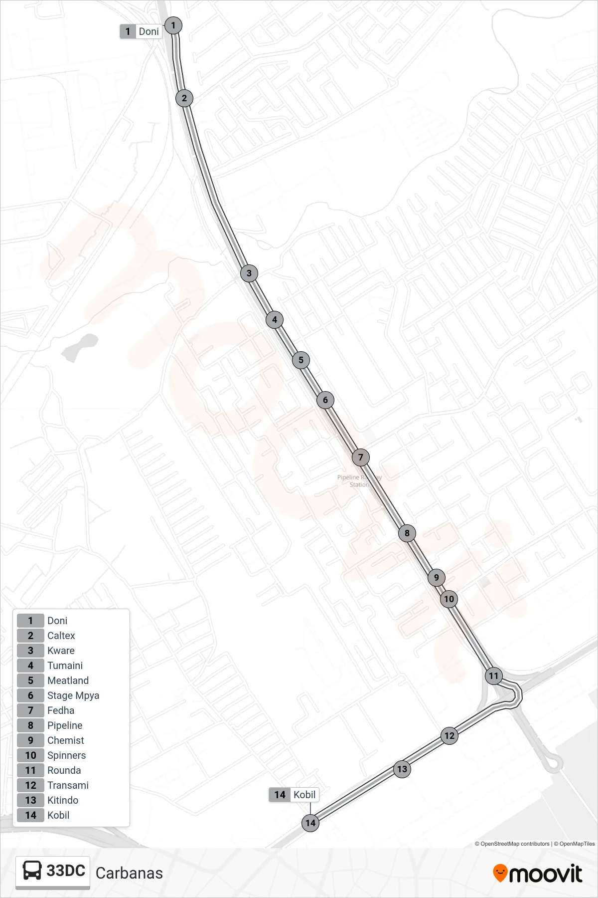 33DC bus Line (Carbanas) route and stops on a map