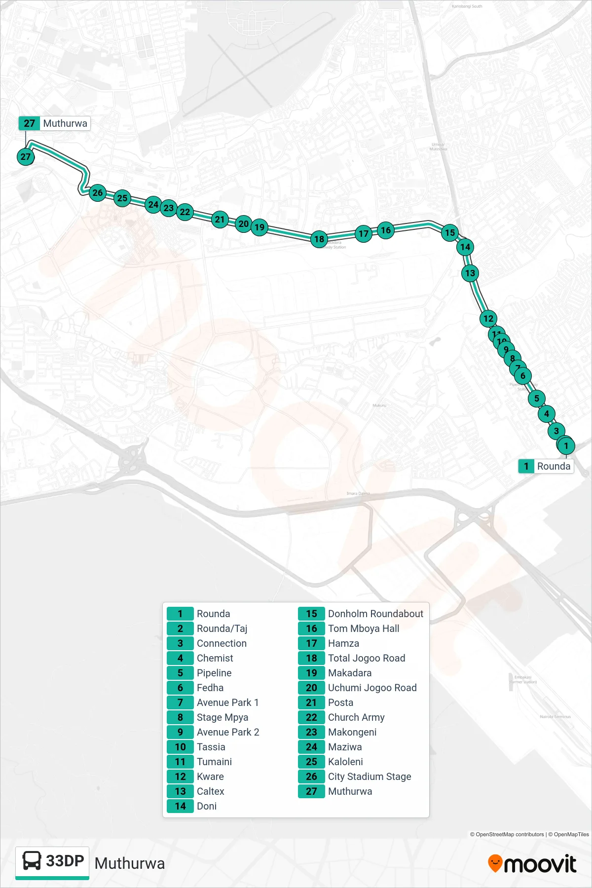 33DP bus Line (Muthurwa) route and stops on a map