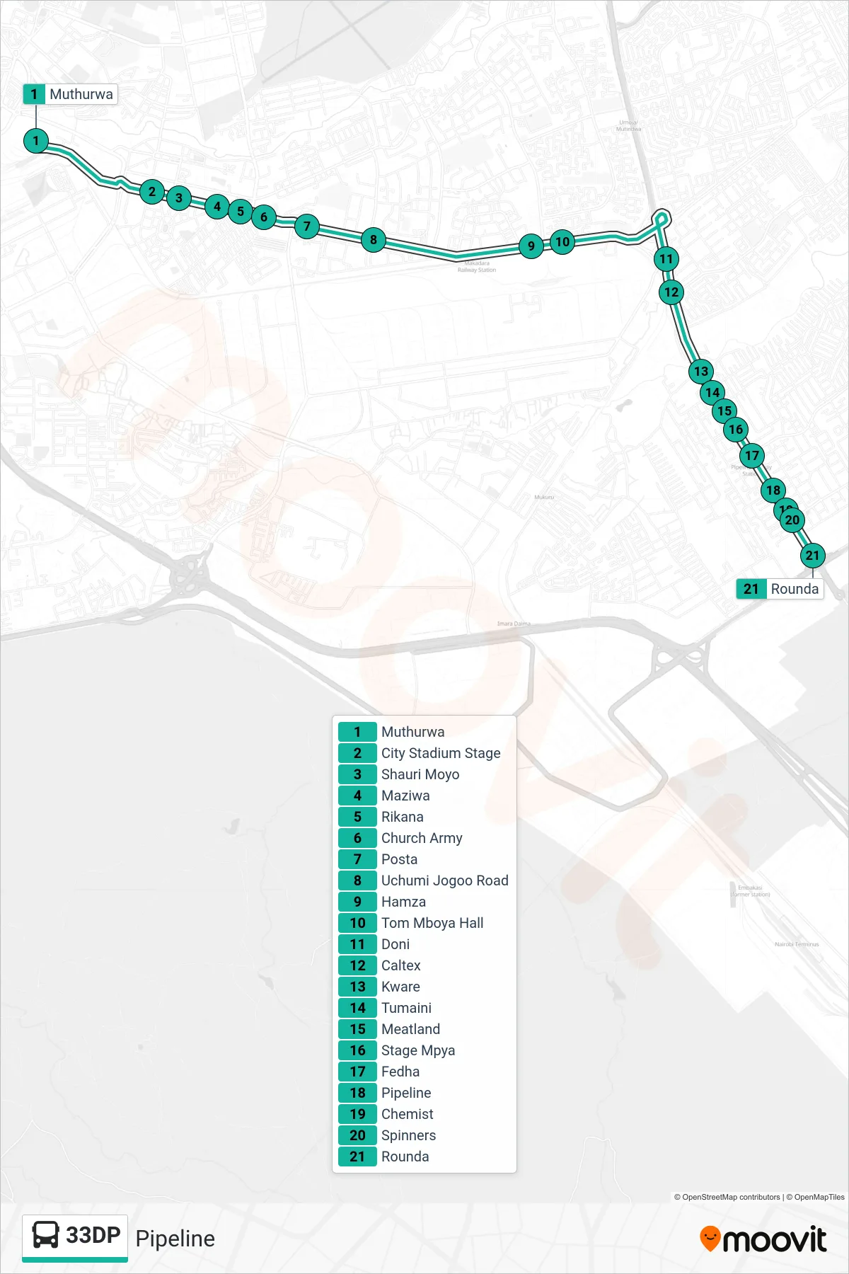 33DP bus Line (Pipeline) route and stops on a map