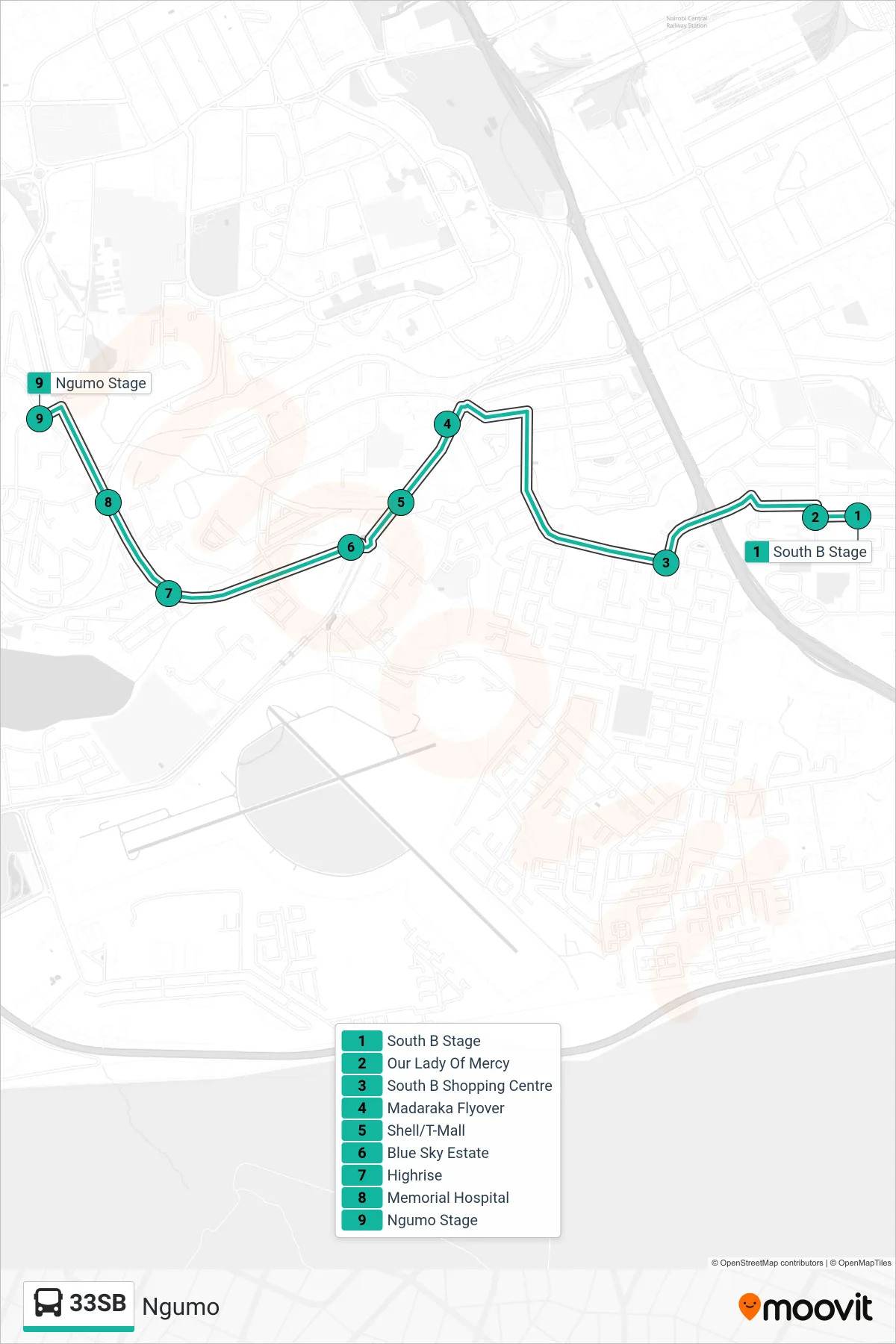 33SB bus Line (Ngumo) route and stops on a map