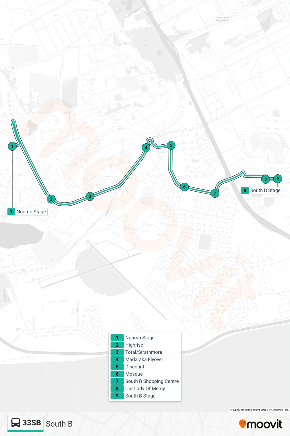 33SB bus Line (South B) route and stops on a map