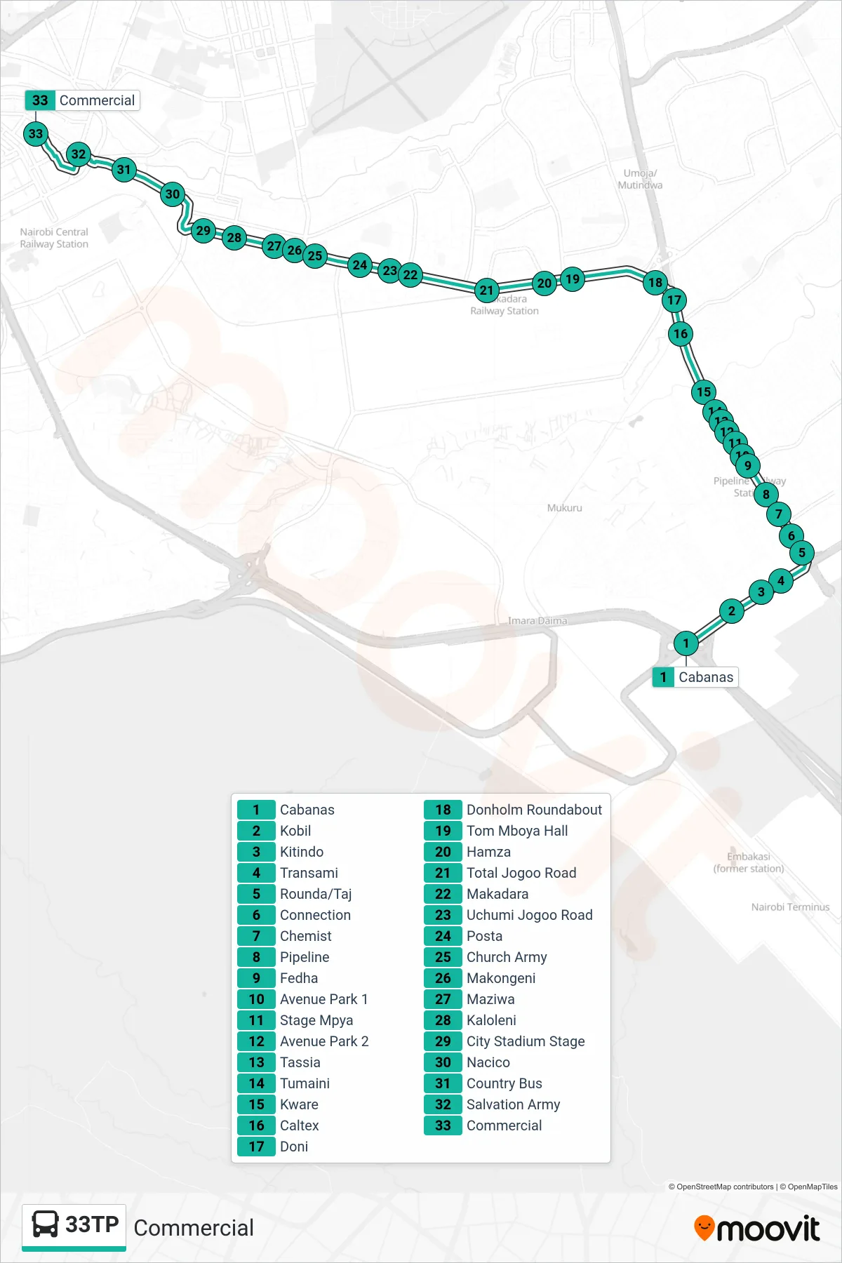 33TP bus Line (Commercial) route and stops on a map