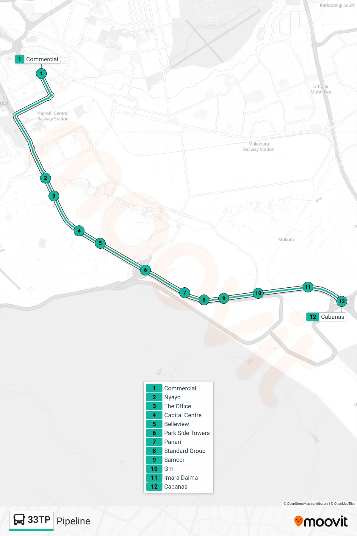33TP bus Line (Pipeline) route and stops on a map
