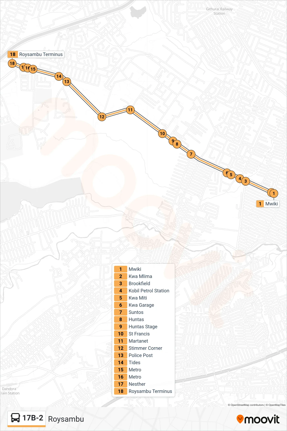 17B-2 bus Line (Roysambu) route and stops on a map
