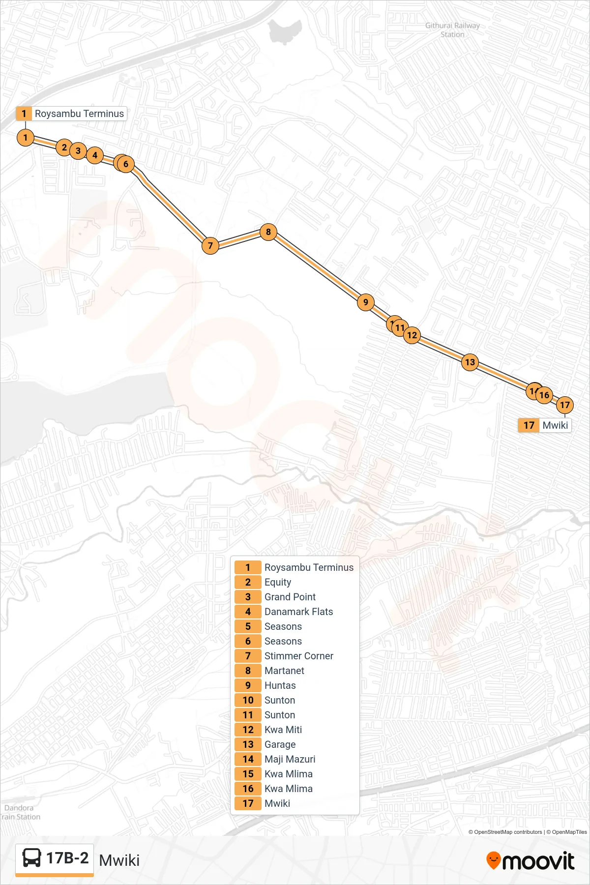 17B-2 bus Line (Mwiki) route and stops on a map