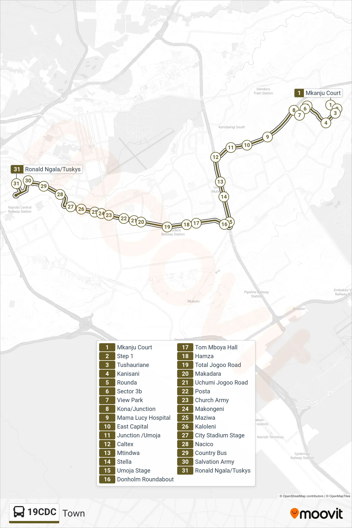 19CDC bus Line (Town) route and stops on a map