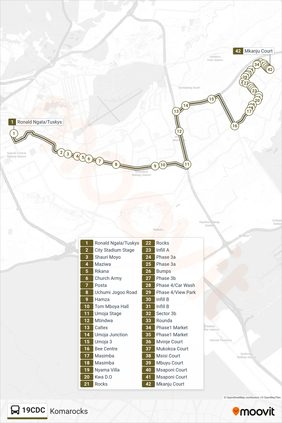 19CDC bus Line (Komarocks) route and stops on a map