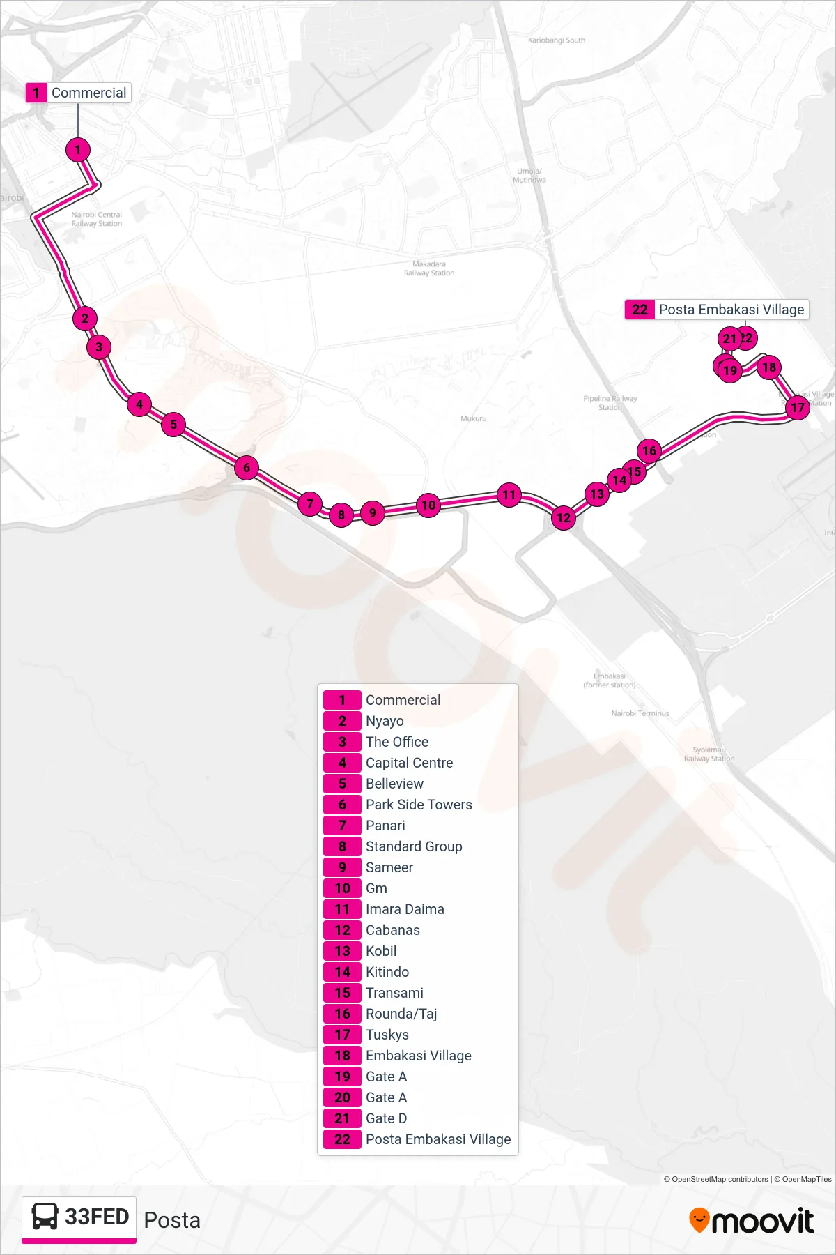 33FED bus Line (Posta) route and stops on a map