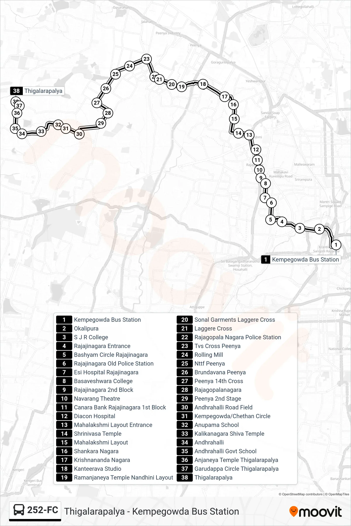 252-FC bus Line (Thigalarapalya) route and stops on a map