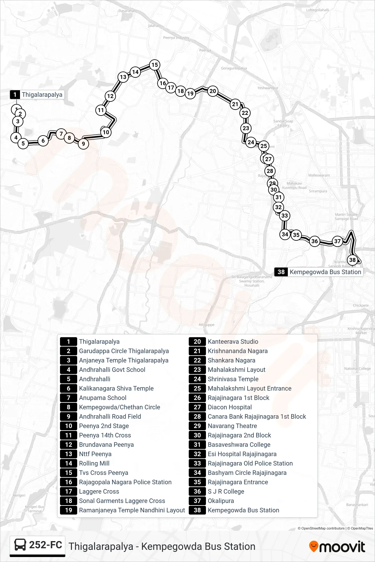 252-FC bus Line (Kempegowda Bus Station) route and stops on a map
