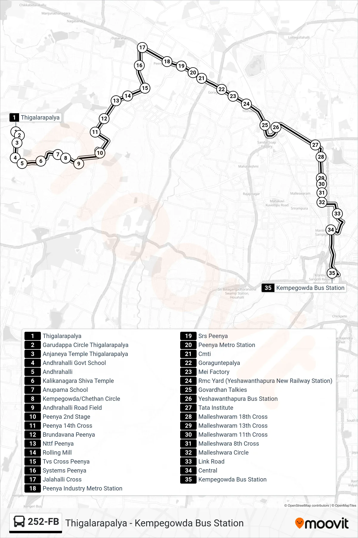 252-FB bus Line (Kempegowda Bus Station) route and stops on a map