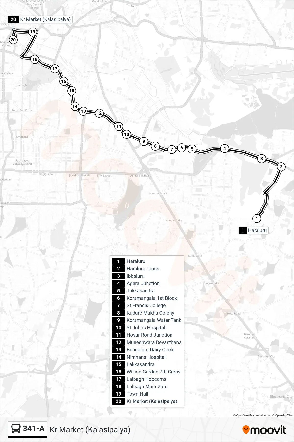 341-A bus Line (Kr Market (Kalasipalya)) route and stops on a map