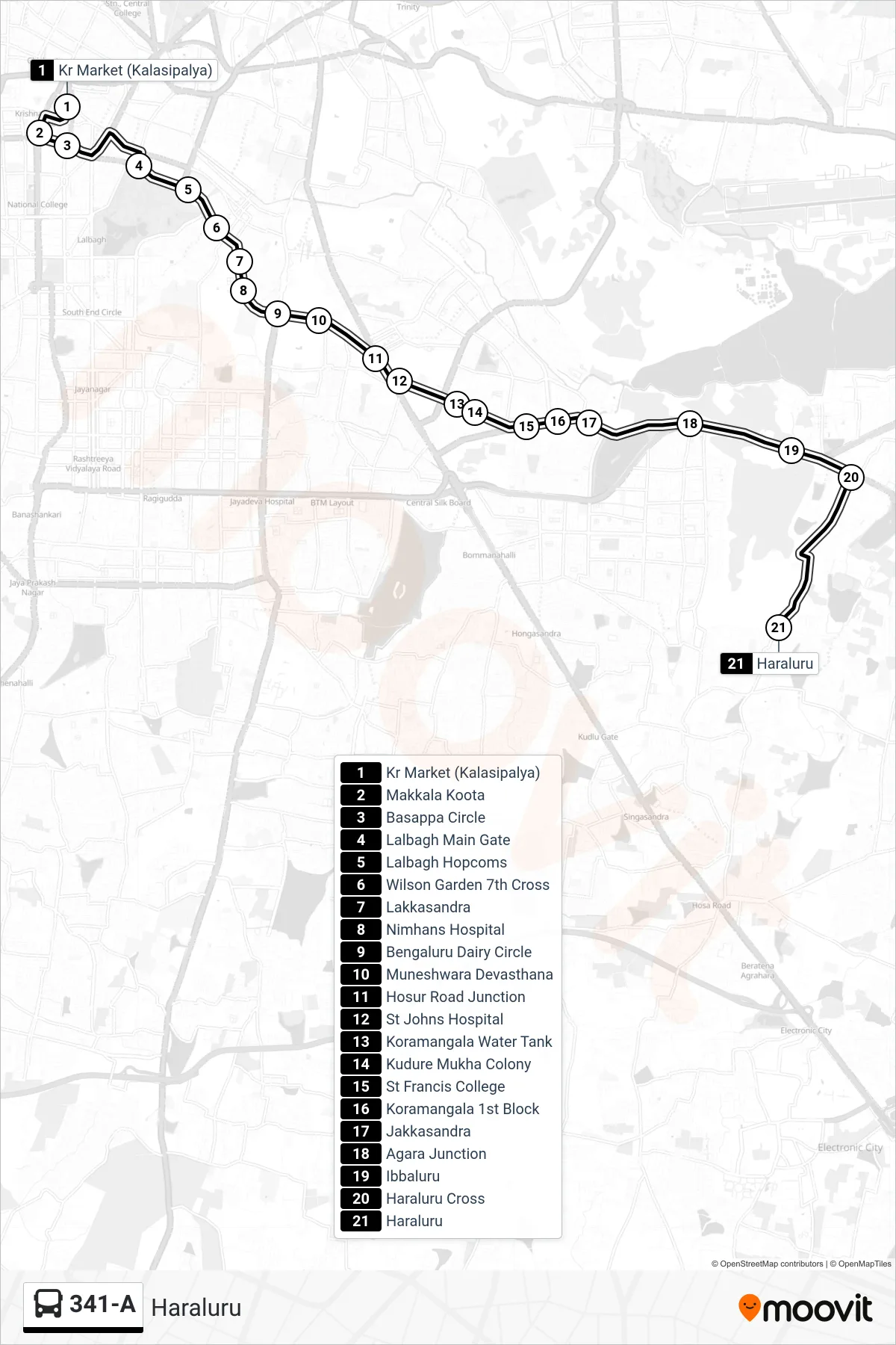 341-A bus Line (Haraluru) route and stops on a map