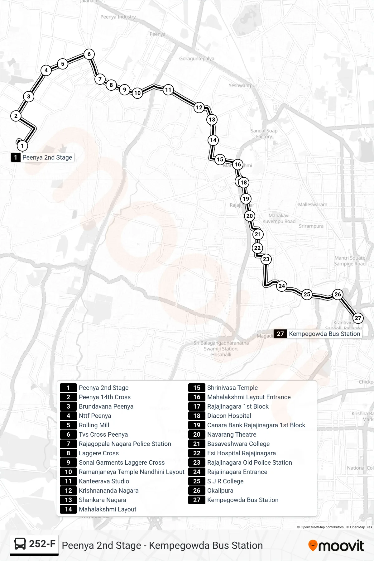 252-F bus Line (Kempegowda Bus Station) route and stops on a map