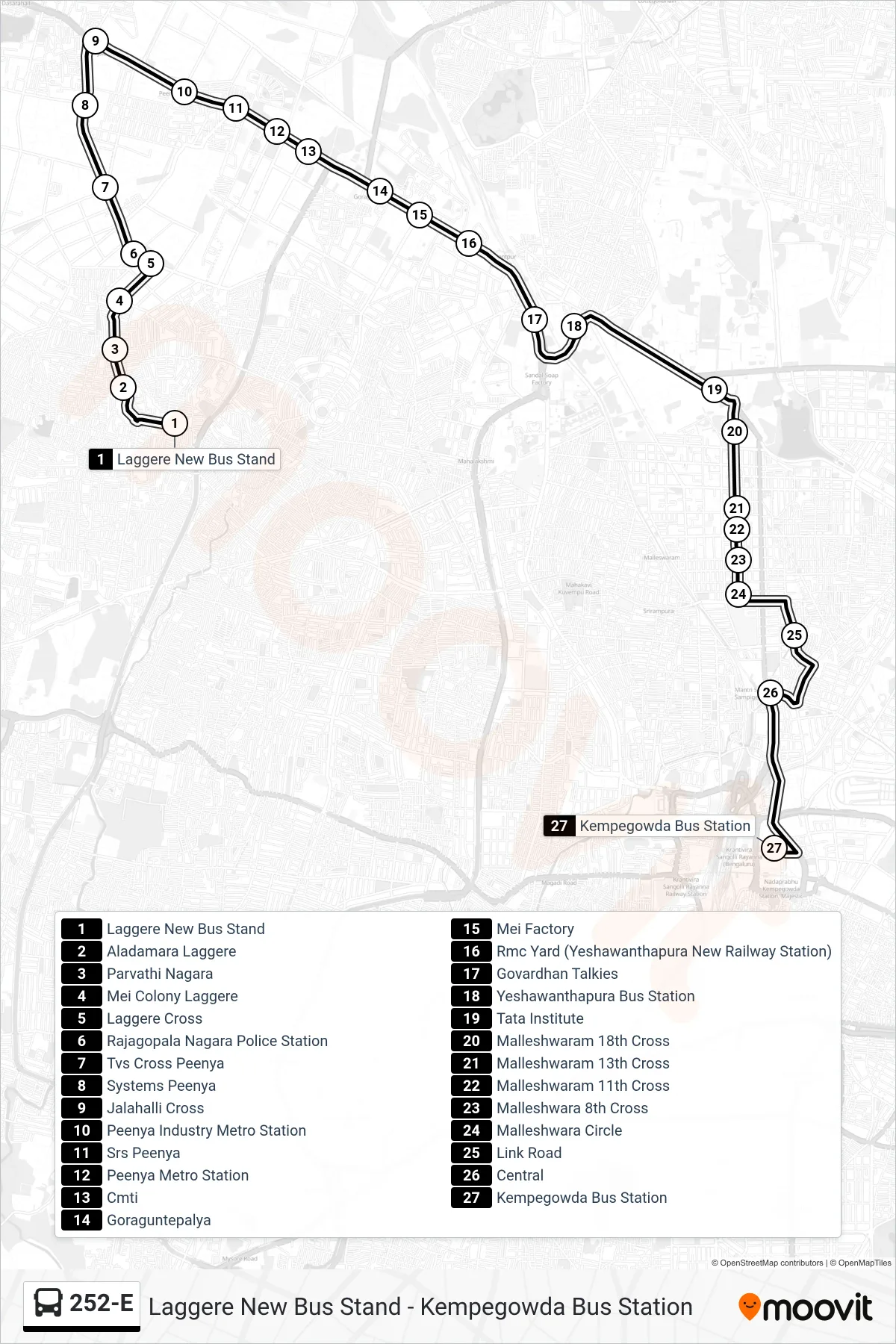 252-E bus Line (Kempegowda Bus Station) route and stops on a map