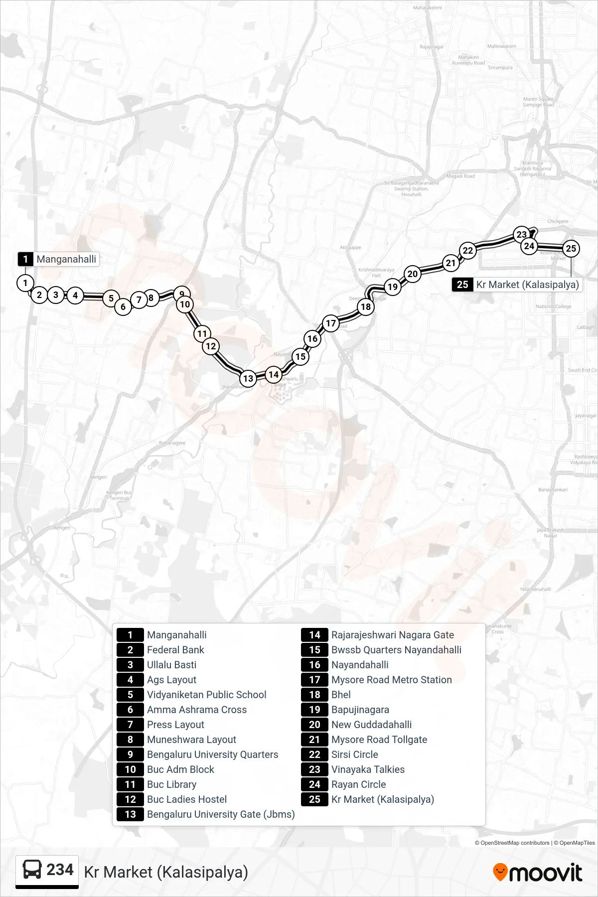 234 bus Line (Kr Market (Kalasipalya)) route and stops on a map