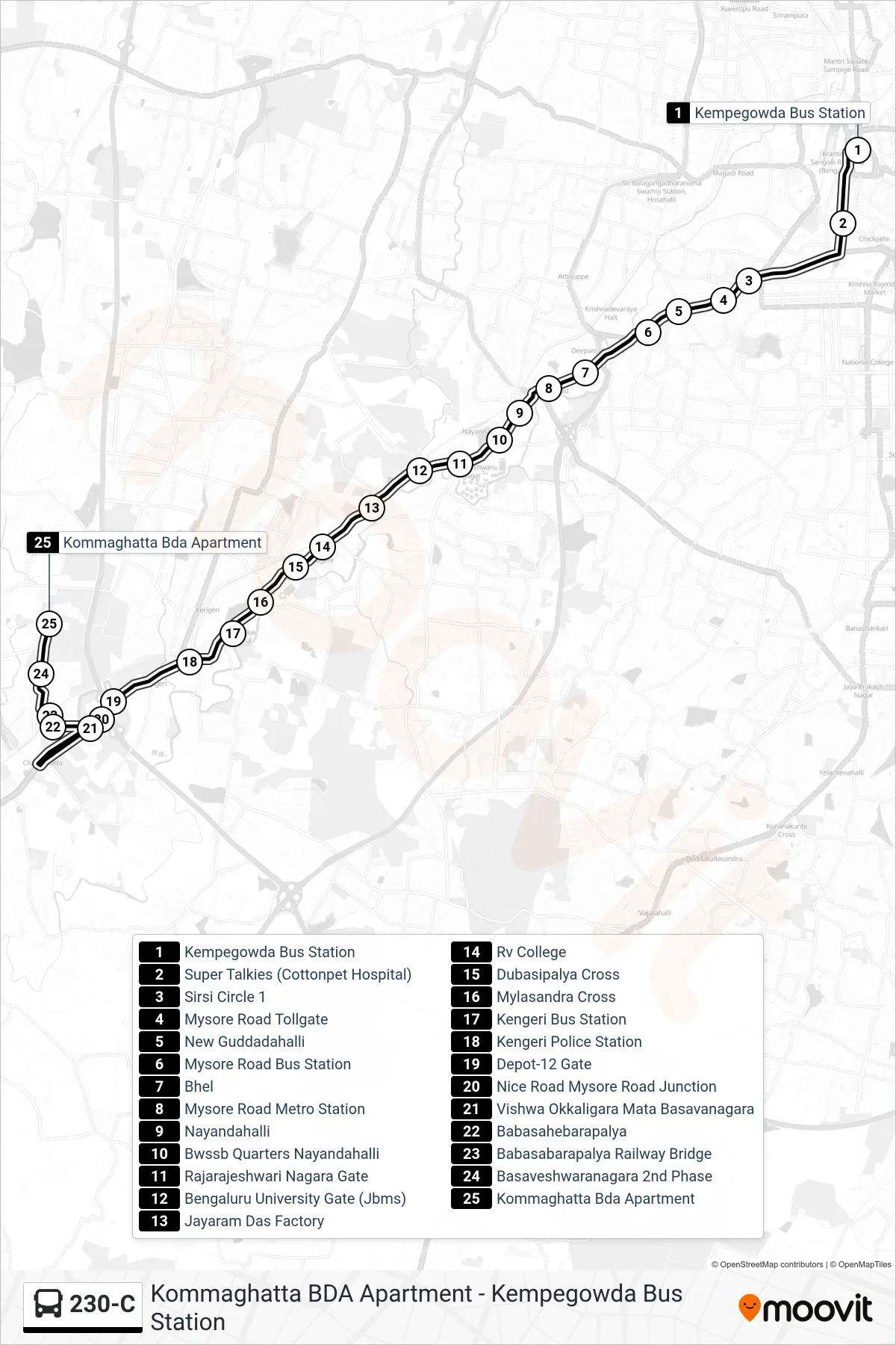 230-C bus Line (Kommaghatta Bda Apartment) route and stops on a map