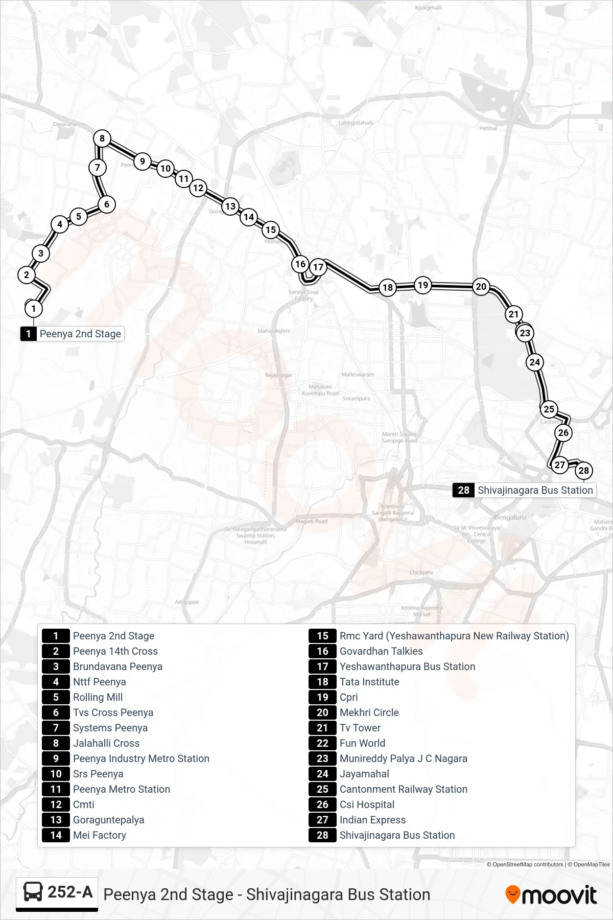 252-A bus Line (Shivajinagara Bus Station) route and stops on a map