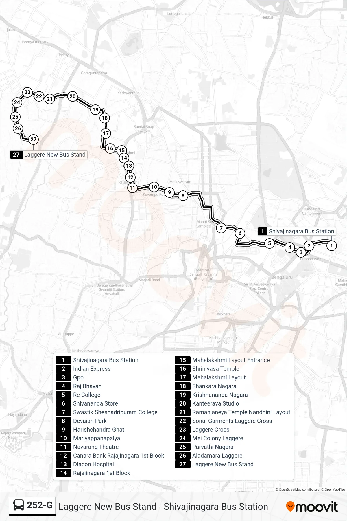 252-G bus Line (Laggere New Bus Stand) route and stops on a map