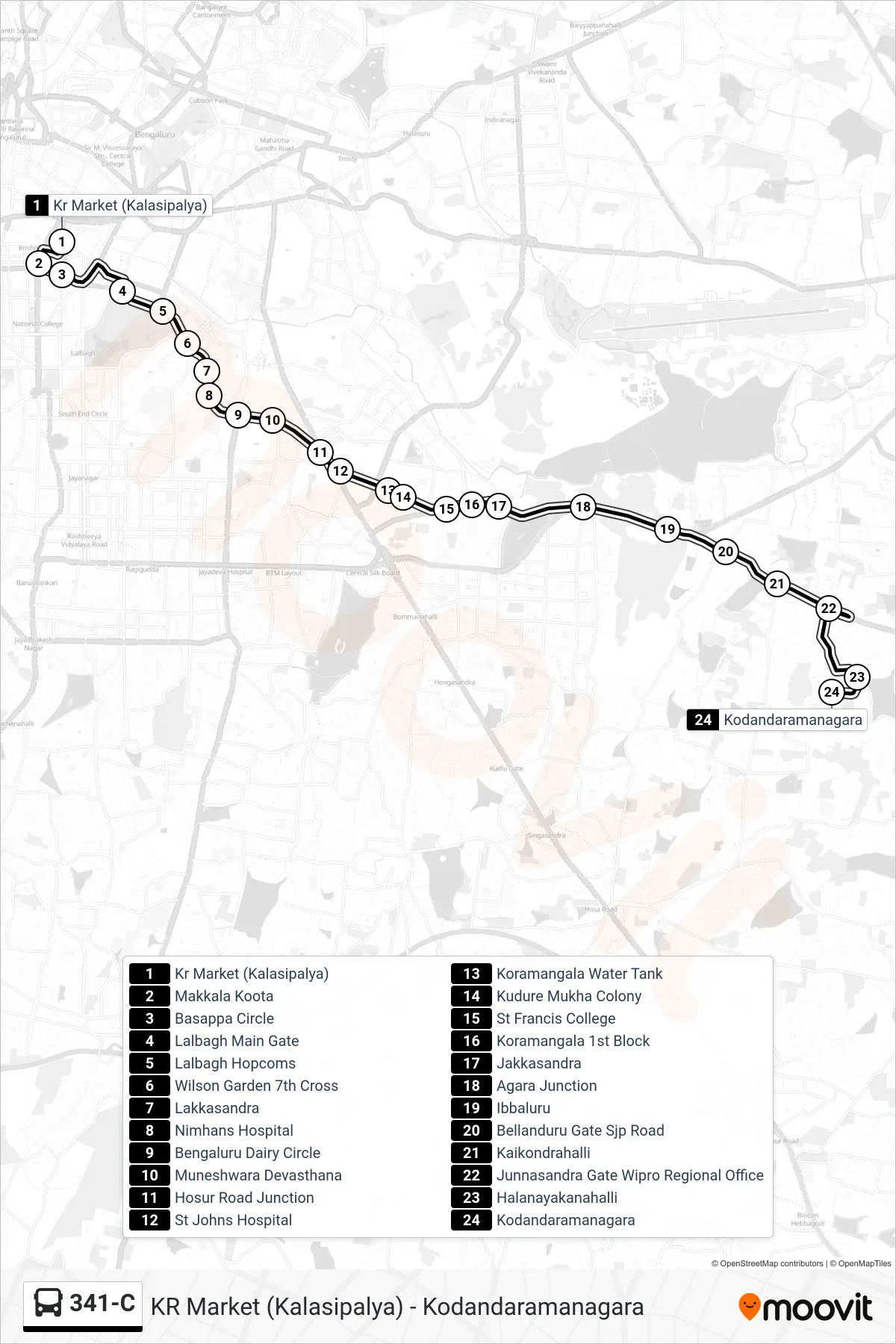 341-C bus Line (Kodandaramanagara) route and stops on a map