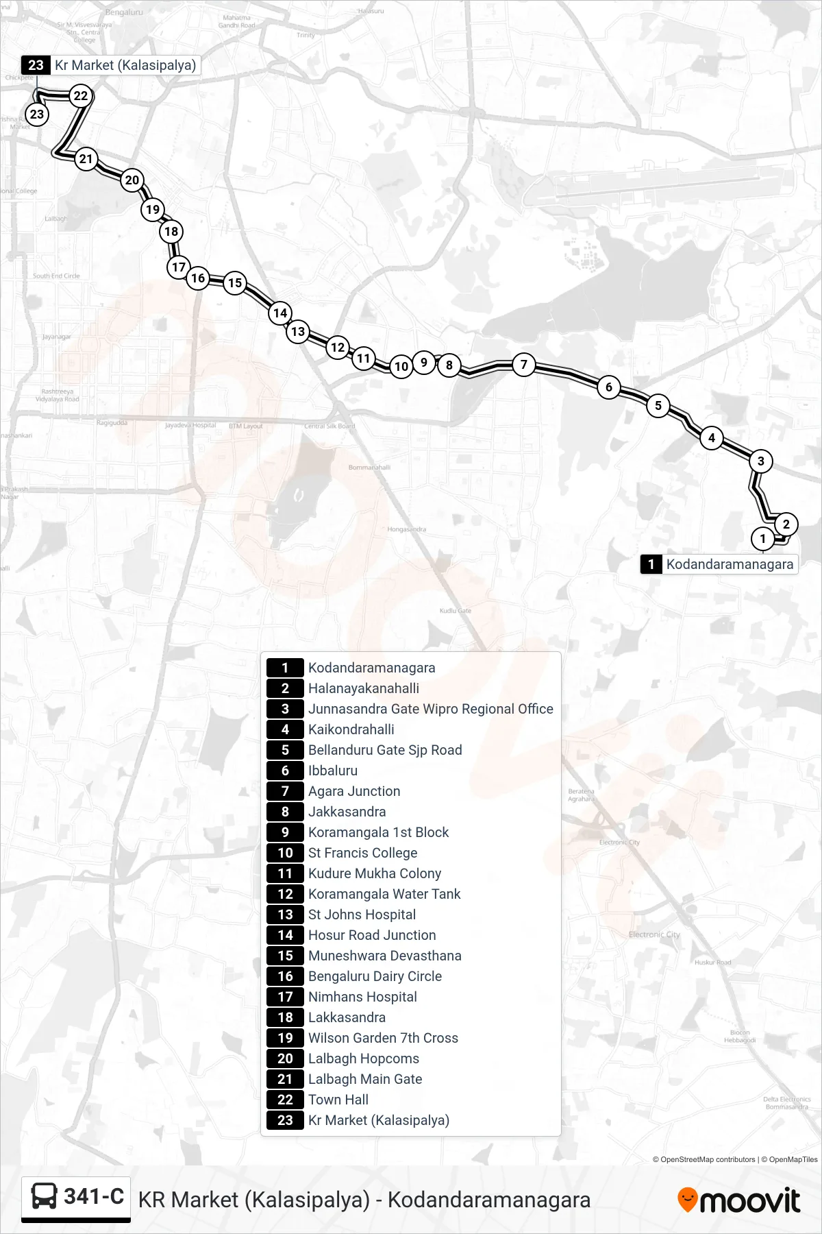 341-C bus Line (Kr Market (Kalasipalya)) route and stops on a map