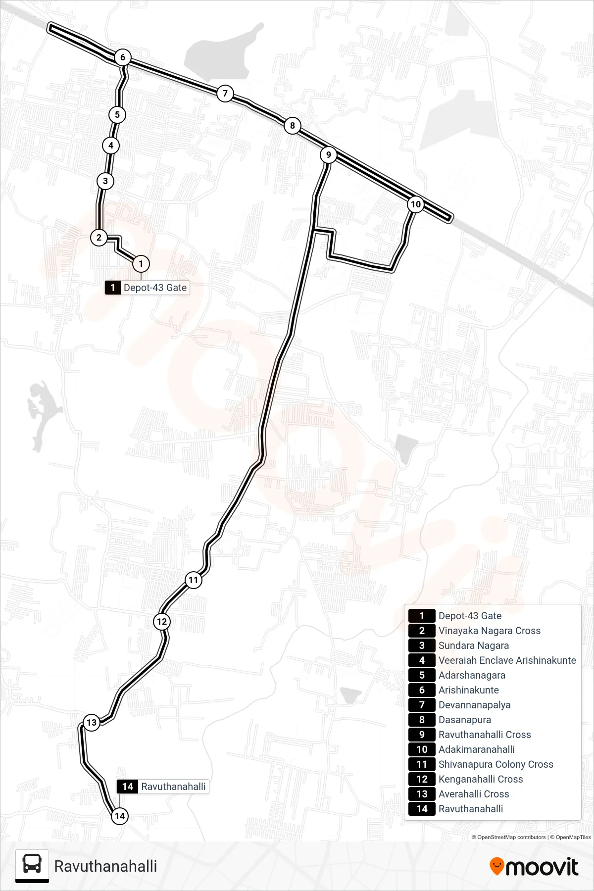 257-C D43G-RVH bus Line (Ravuthanahalli) route and stops on a map