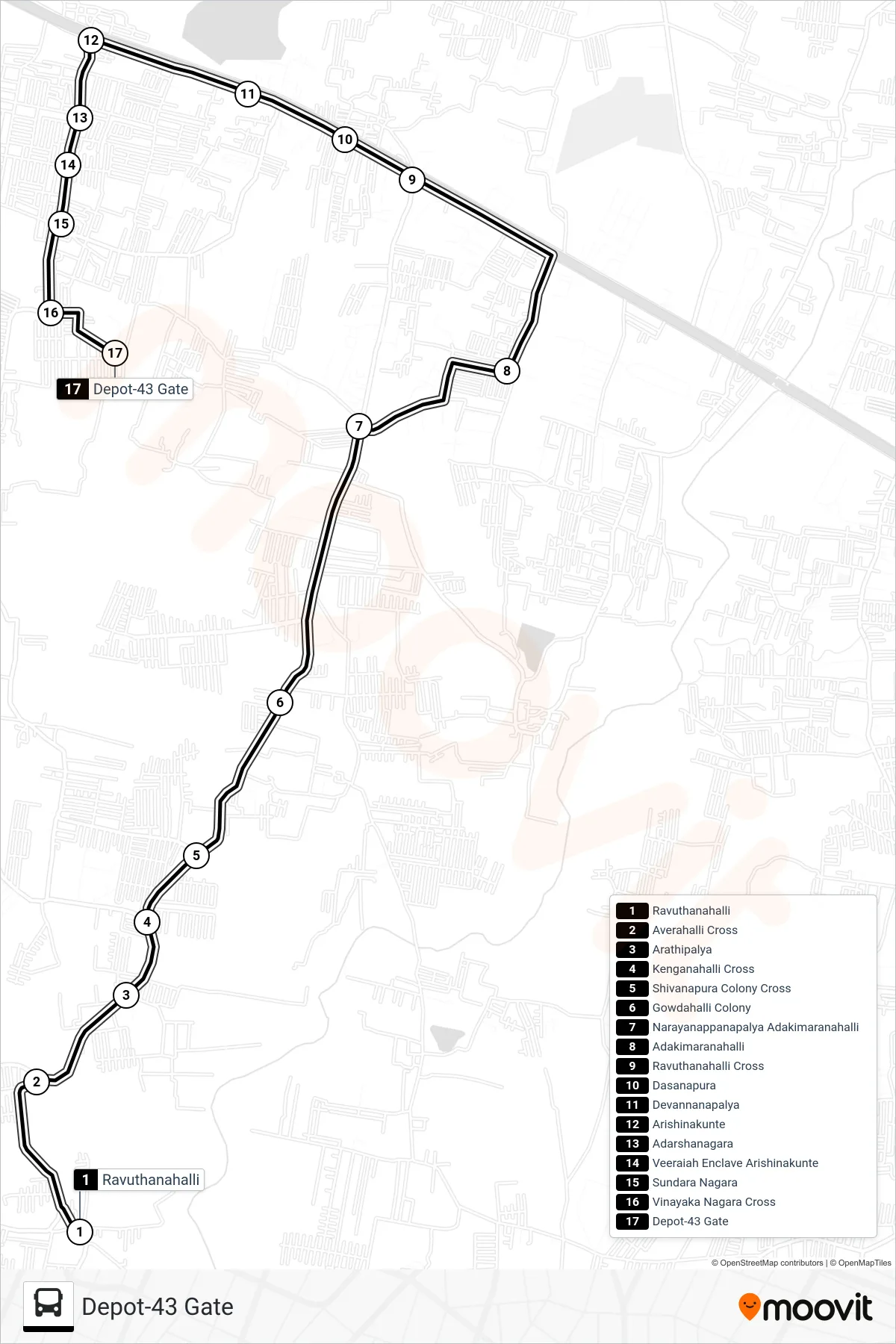 257-C D43G-RVH bus Line (Depot-43 Gate) route and stops on a map