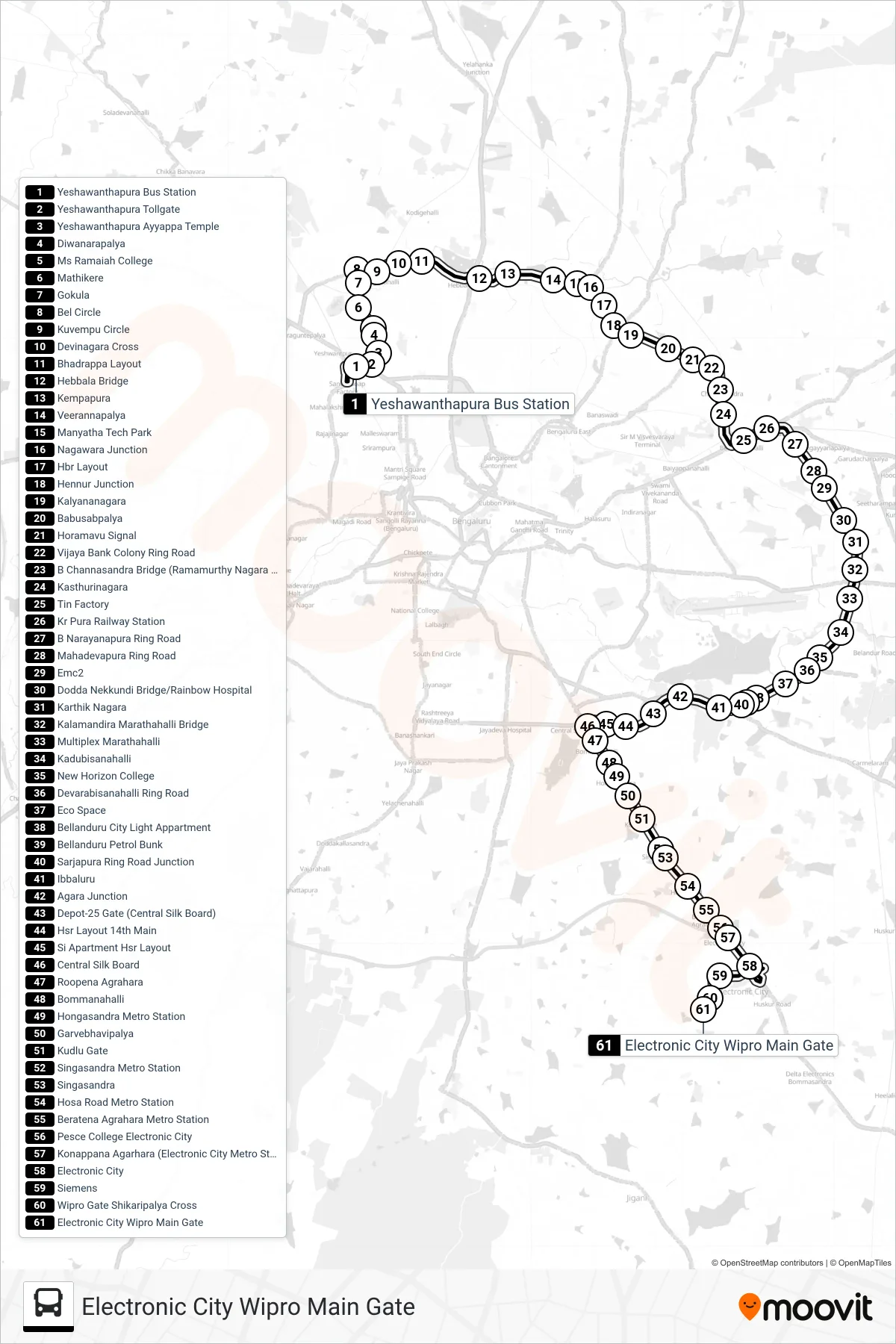 500-DM YBS-HBL-ELCW bus Line (Electronic City Wipro Main Gate) route and stops on a map