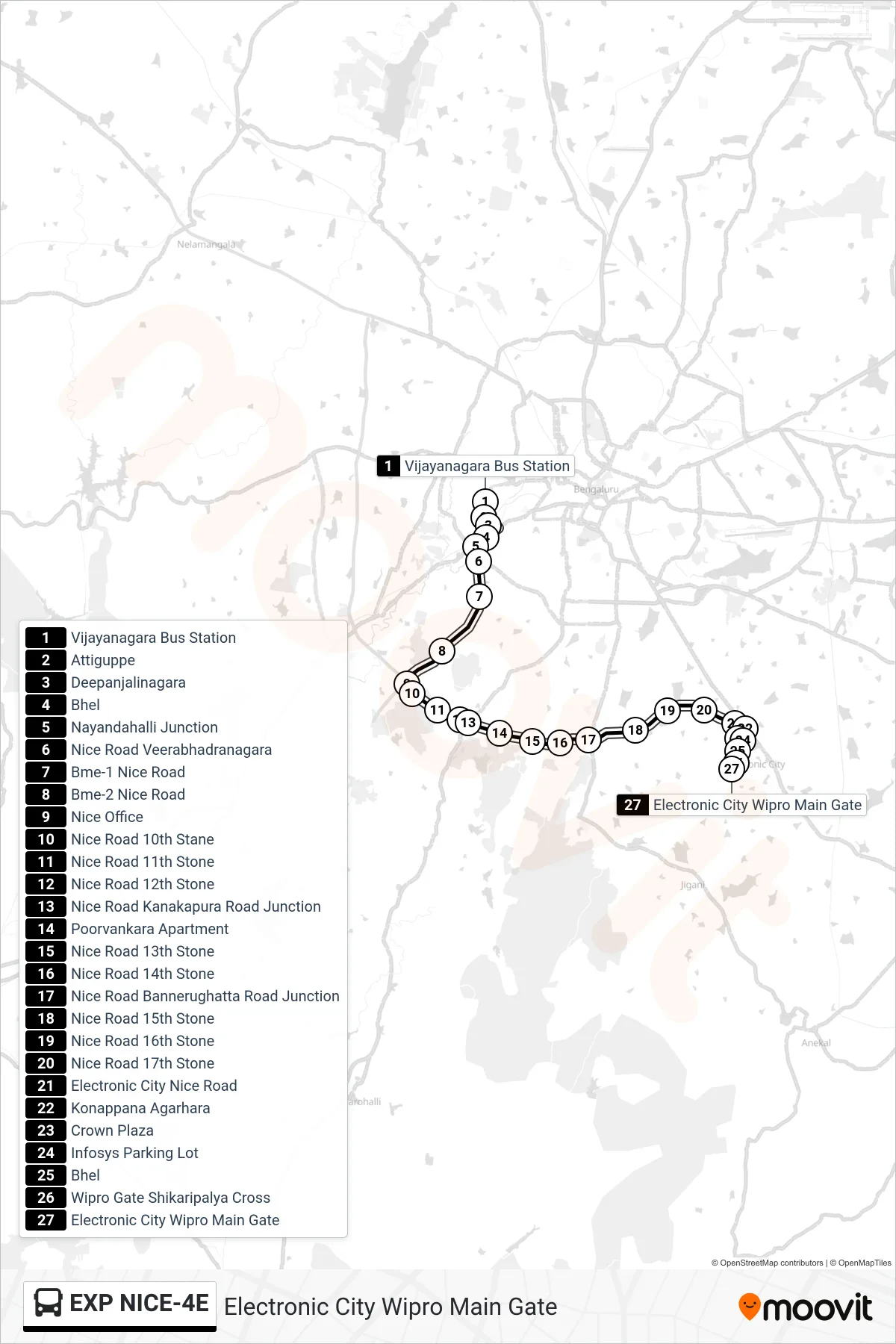 EXP NICE-4E bus Line (Electronic City Wipro Main Gate) route and stops on a map