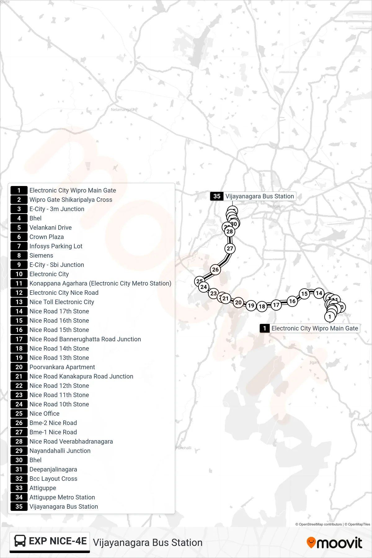 EXP NICE-4E bus Line (Vijayanagara Bus Station) route and stops on a map