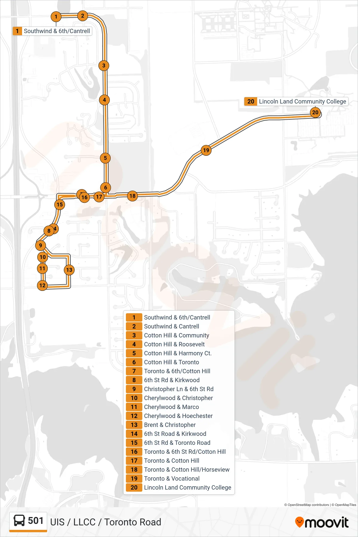 501 bus Line (501 Llcc) route and stops on a map